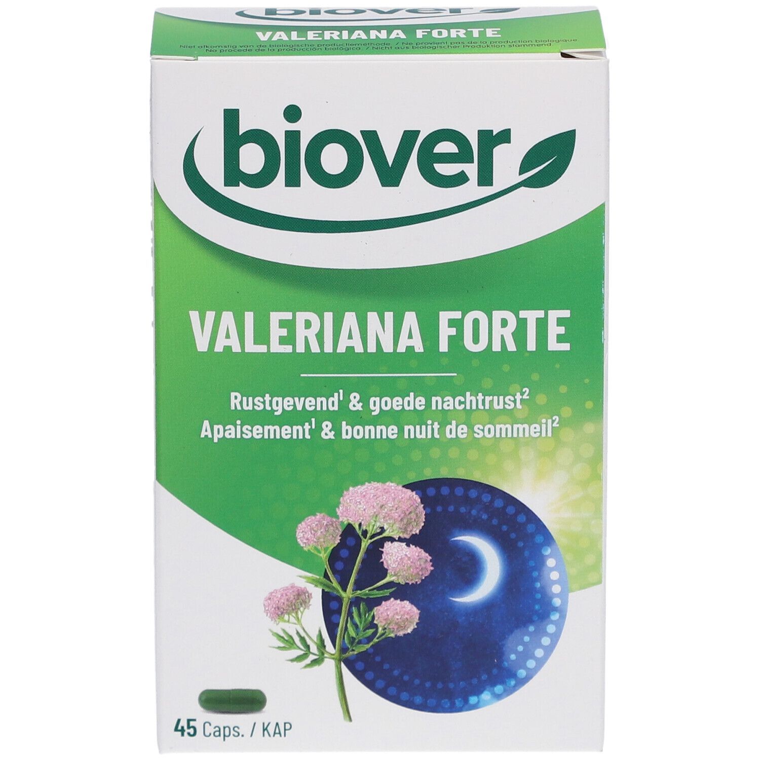 Schachtel "Biover Valeriana Forte". Grün-weiße Verpackung mit Produktnamen und floraler Illustration. 45 Kapseln.