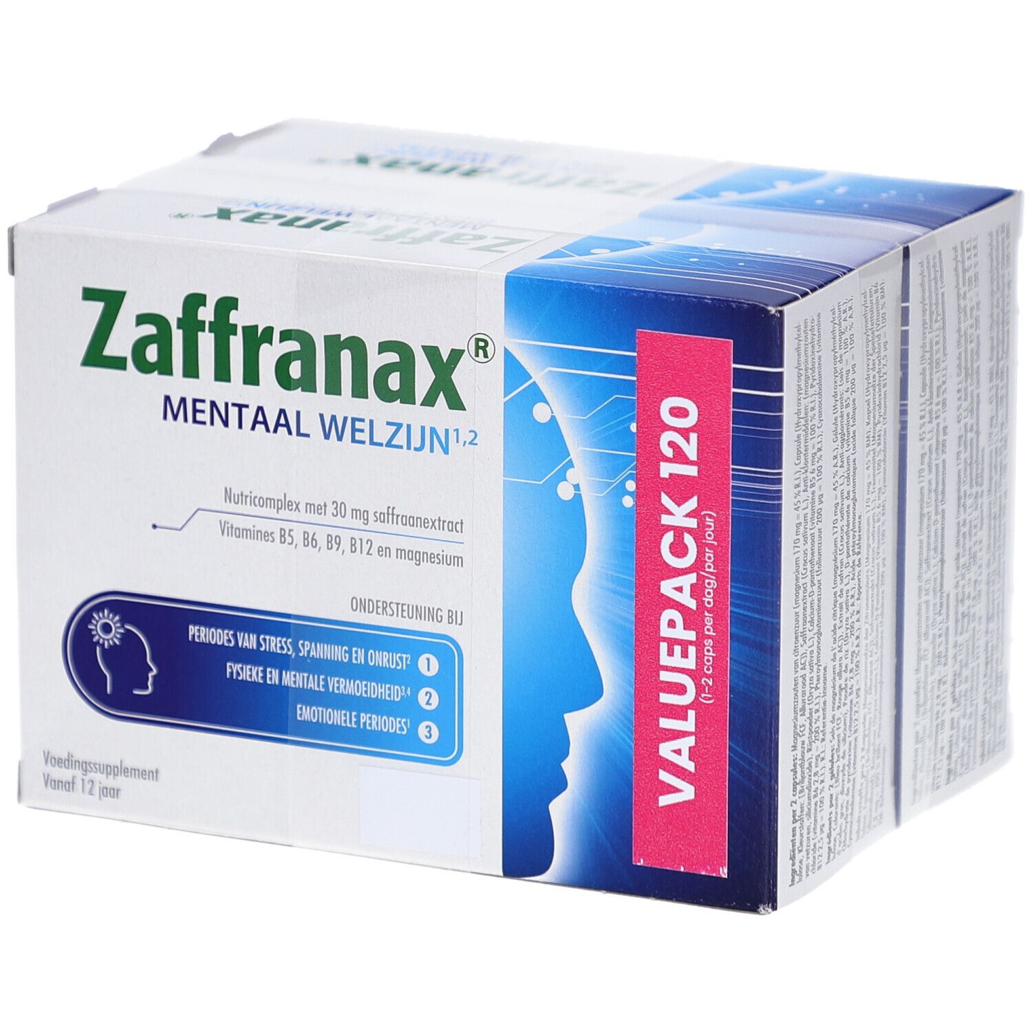 Boîte Zaffranax. Contient 120 comprimés. Inscription : Mentaal Welzijn. Avec extrait de safran, vitamines et magnésium. Valuepack.