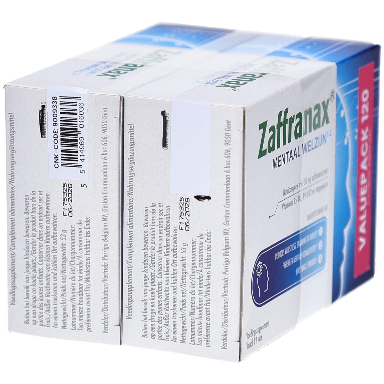 Dos de la boîte Zaffranax. Contient des informations sur les ingrédients et les valeurs nutritionnelles. Avec code de lot et date de péremption.