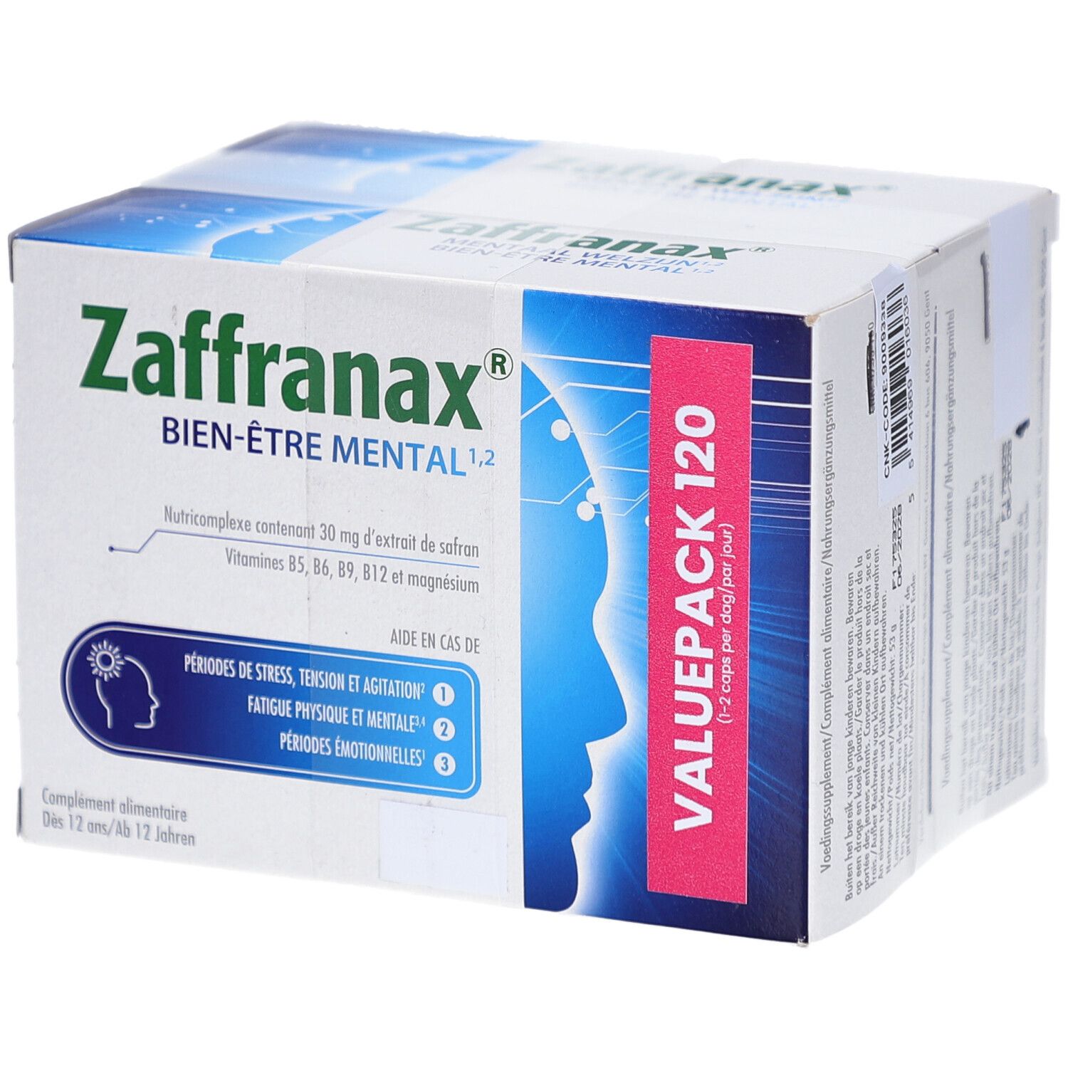 Boîte Zaffranax. Contient 120 comprimés. Inscription : Bien-être mental. Avec extrait de safran, vitamines et magnésium. Valuepack.