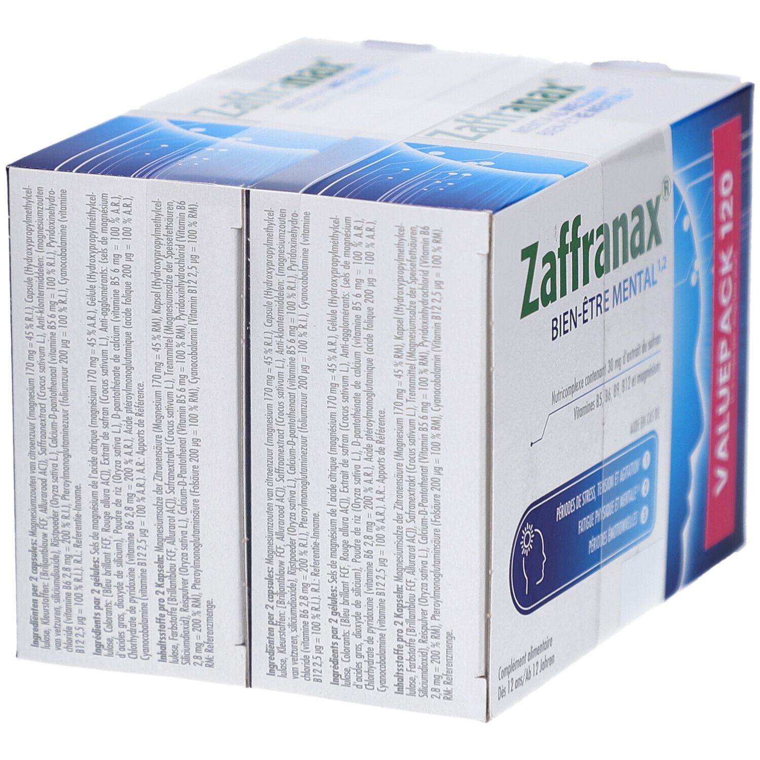 Dos de la boîte Zaffranax. Contient des informations sur les ingrédients et les valeurs nutritionnelles. Avec code de lot et date de péremption.