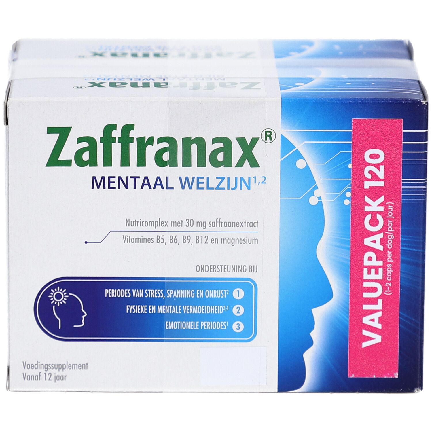 Boîte Zaffranax. Contient 120 comprimés. Inscription : Mentaal Welzijn. Avec extrait de safran, vitamines et magnésium. Valuepack.