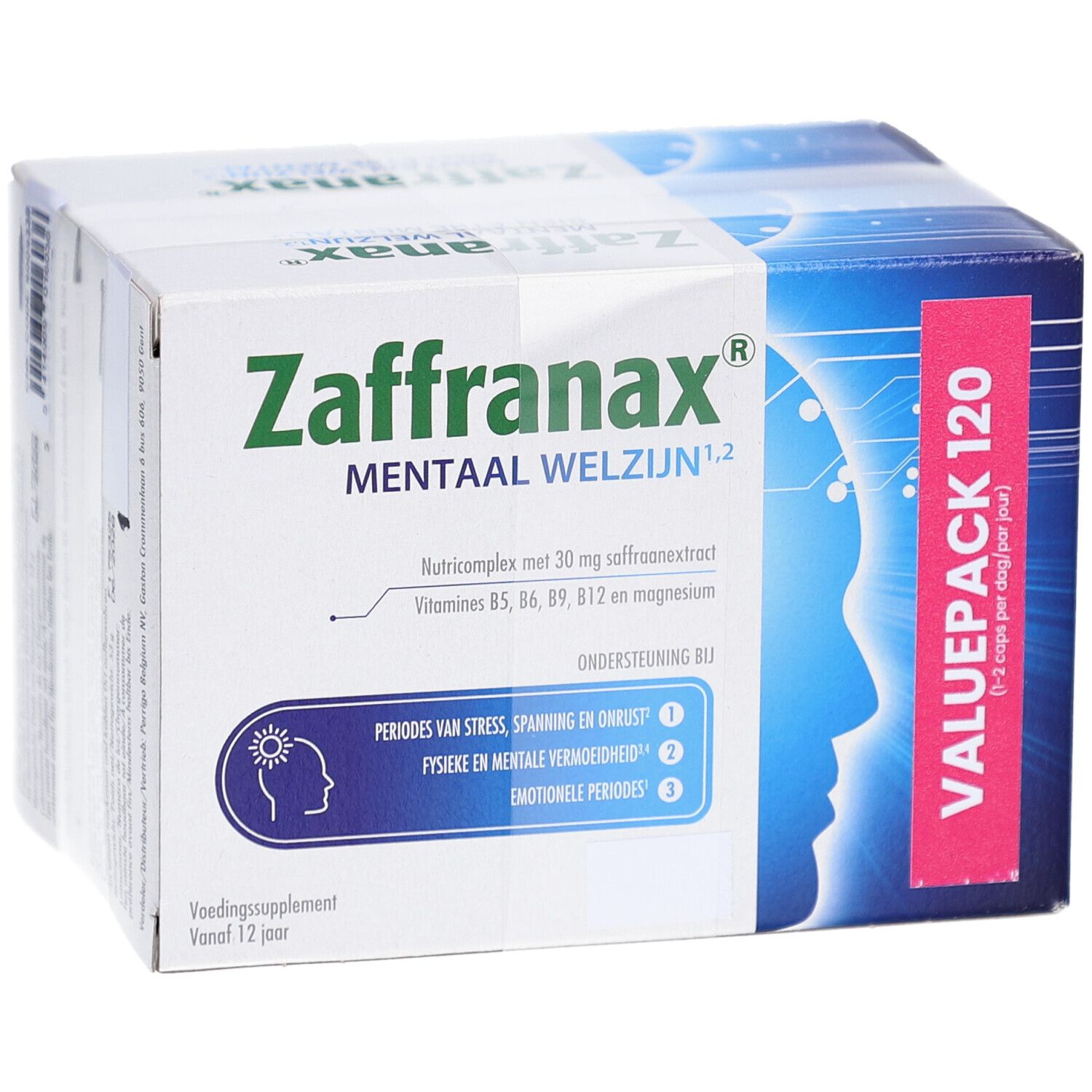 Boîte Zaffranax. Contient 120 comprimés. Inscription : Mentaal Welzijn. Avec extrait de safran, vitamines et magnésium. Valuepack.