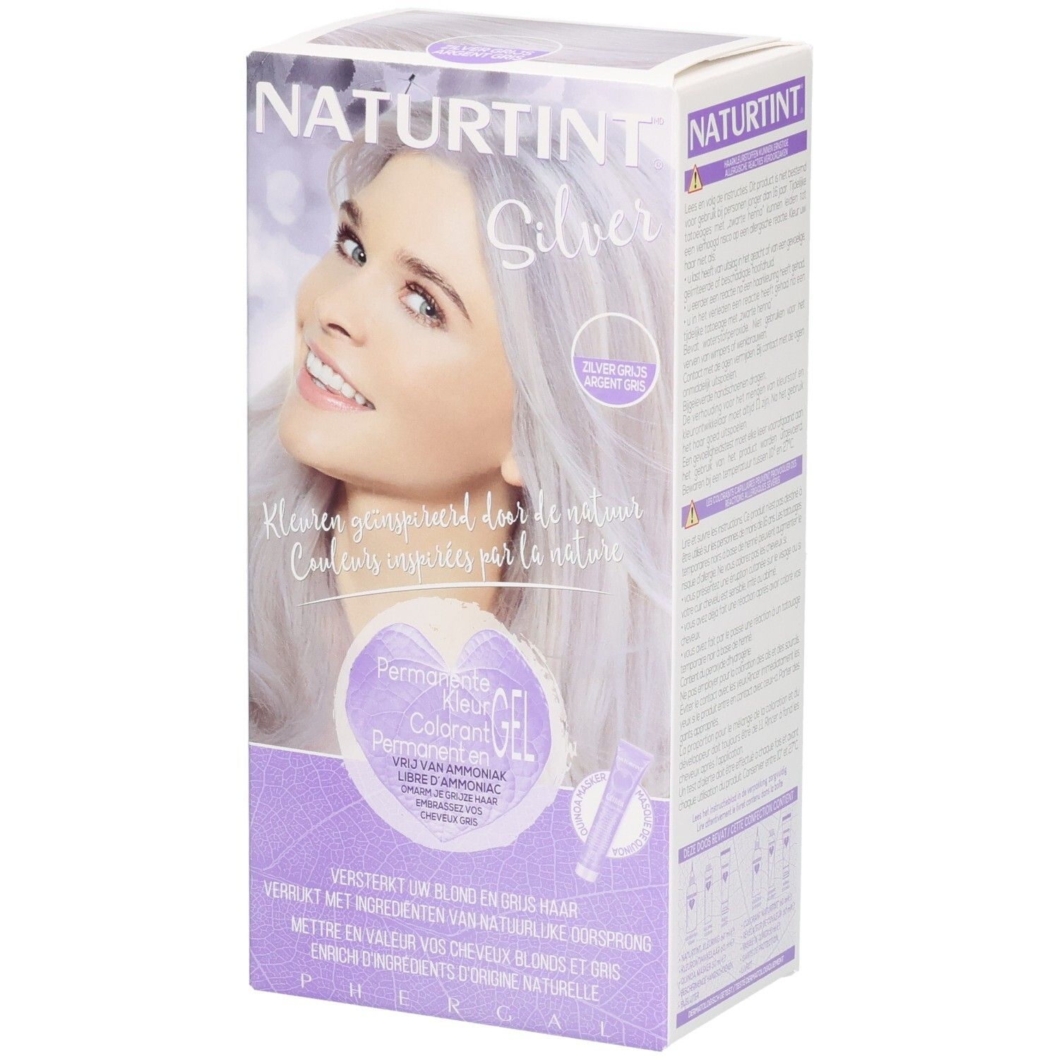 Verpackung von Naturtint Silver. Aufdruck: Frau mit silbergrauen Haaren. Text: Permanent Gel Colorant. Enthält Inhaltsstoffe natürlichen Ursprungs.