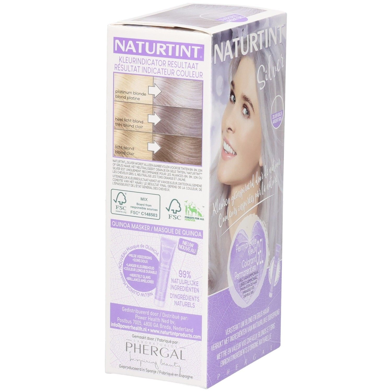 Naturtint Silver Verpackung. Rückseite mit Farbergebnissen und FSC-Zertifizierungen. Text: Quinoa Masker. 99% Inhaltsstoffe natürlichen Ursprungs.