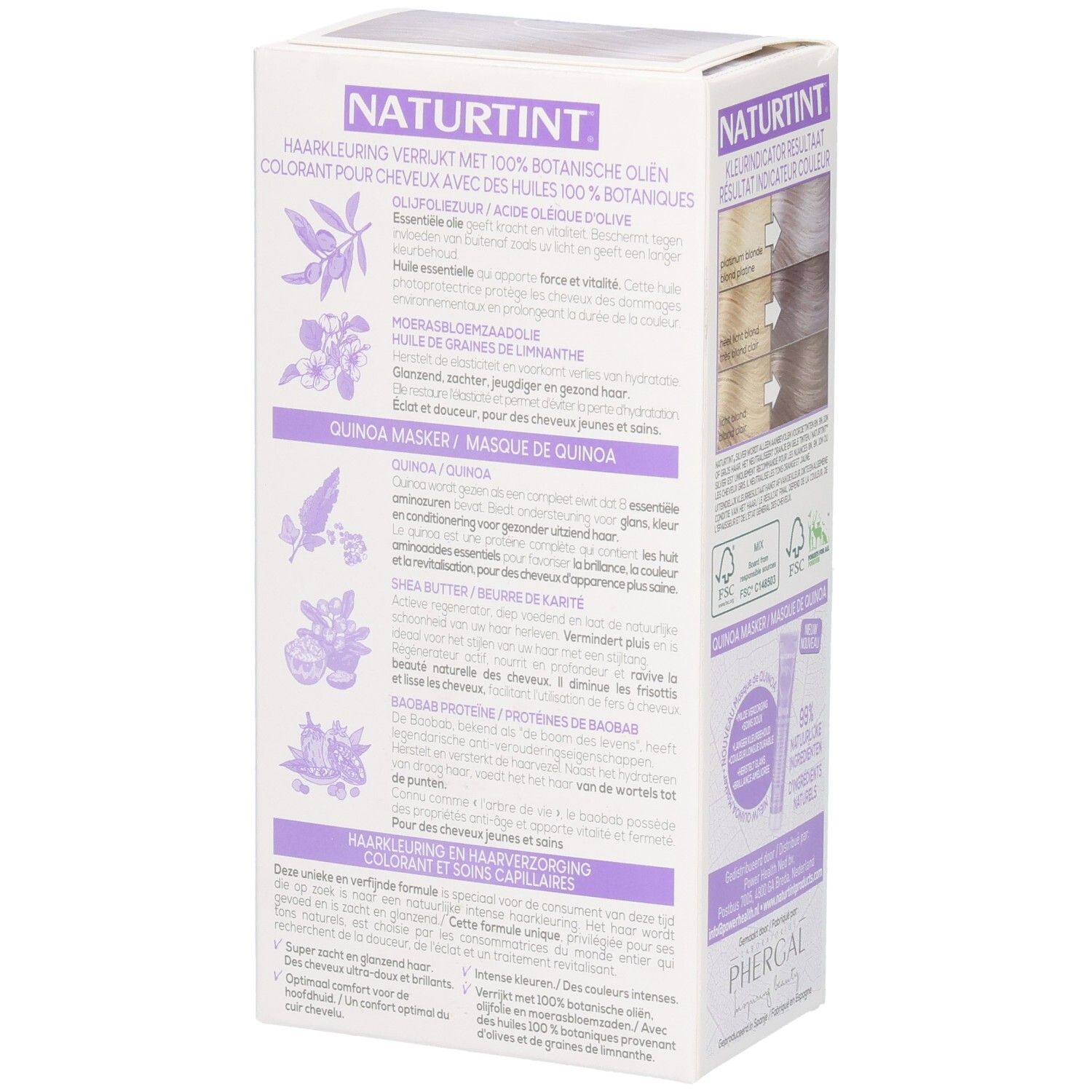 Naturtint Silver Verpackung. Rückseite mit Inhaltsstoffen. Text: Haarkleuring mit 100% botanische Ölen. Quinoa Masker. Shea Butter.