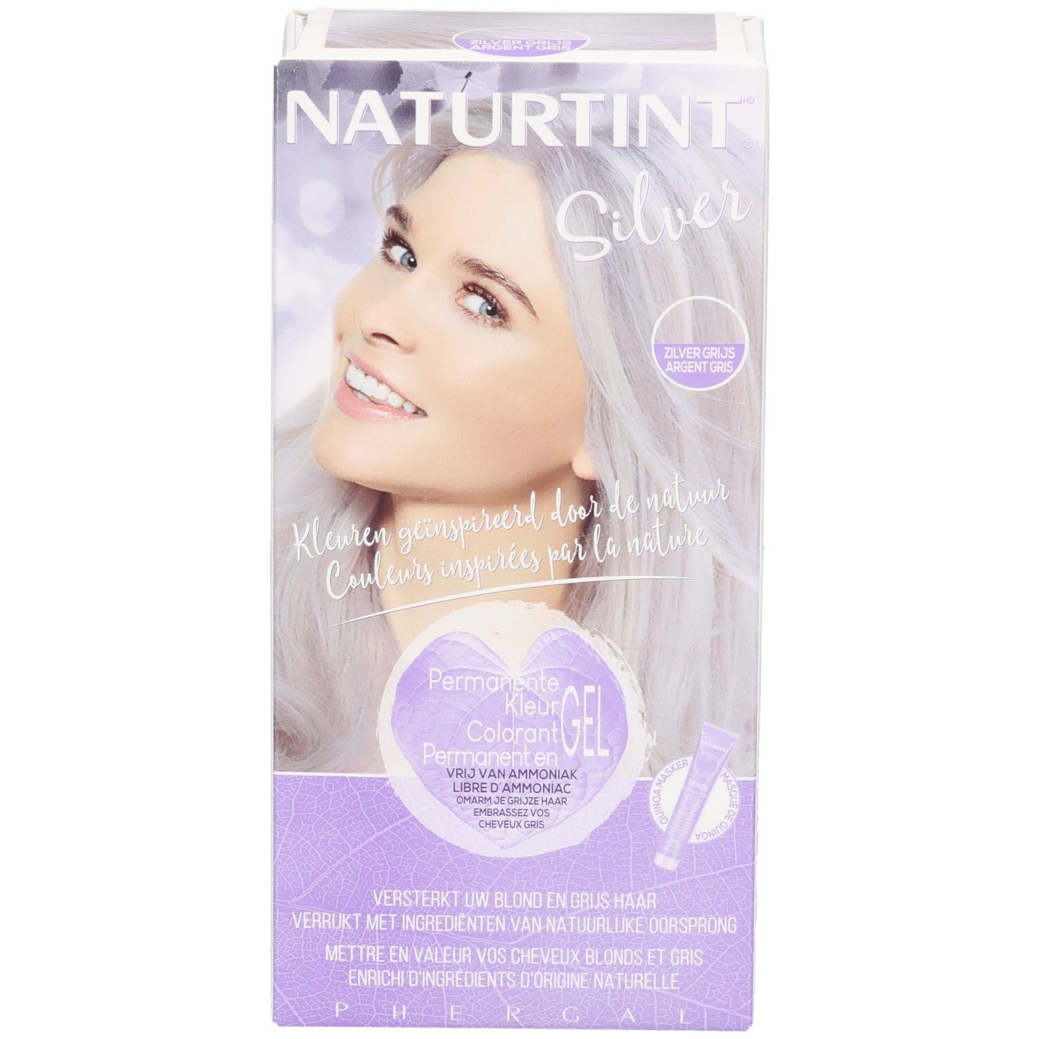 Naturtint Silver Verpackung. Frau mit silbergrauen Haaren. Text: Permanent Gel Colorant. Frei von Ammoniak. Für blondes und graues Haar.