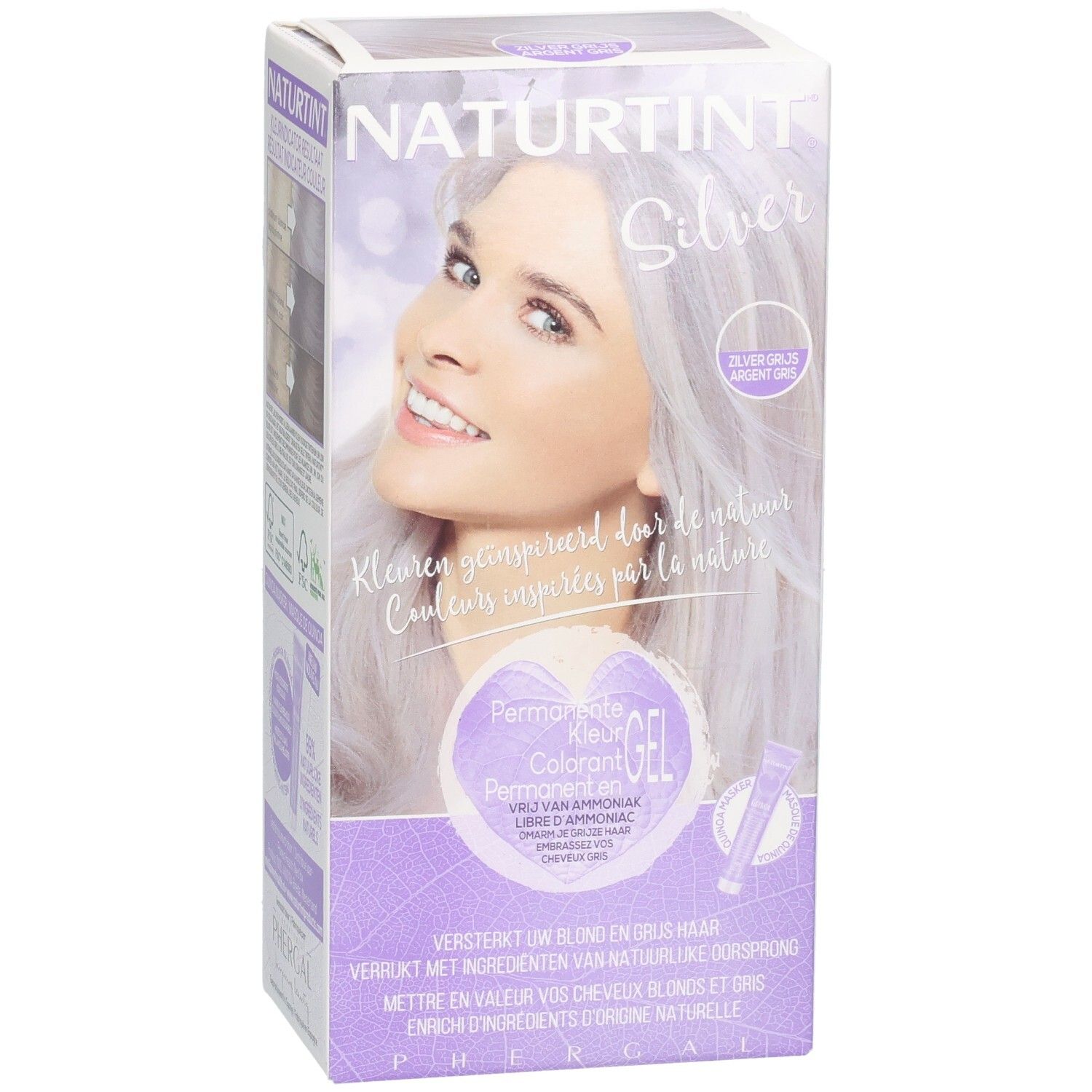 Naturtint Silver Verpackung. Frau mit silbergrauen Haaren. Text: Permanent Gel Colorant. Frei von Ammoniak. Für blondes und graues Haar.