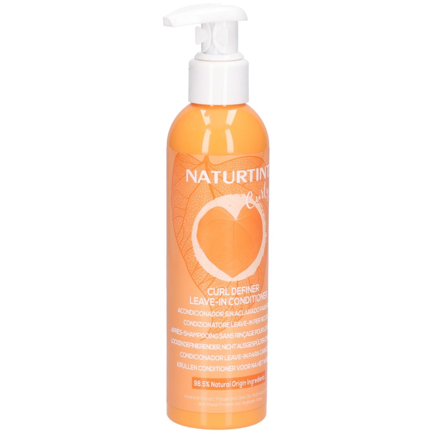 Orange Flasche mit Pumpspender, Naturtint Curl Definer Leave-In Conditioner.