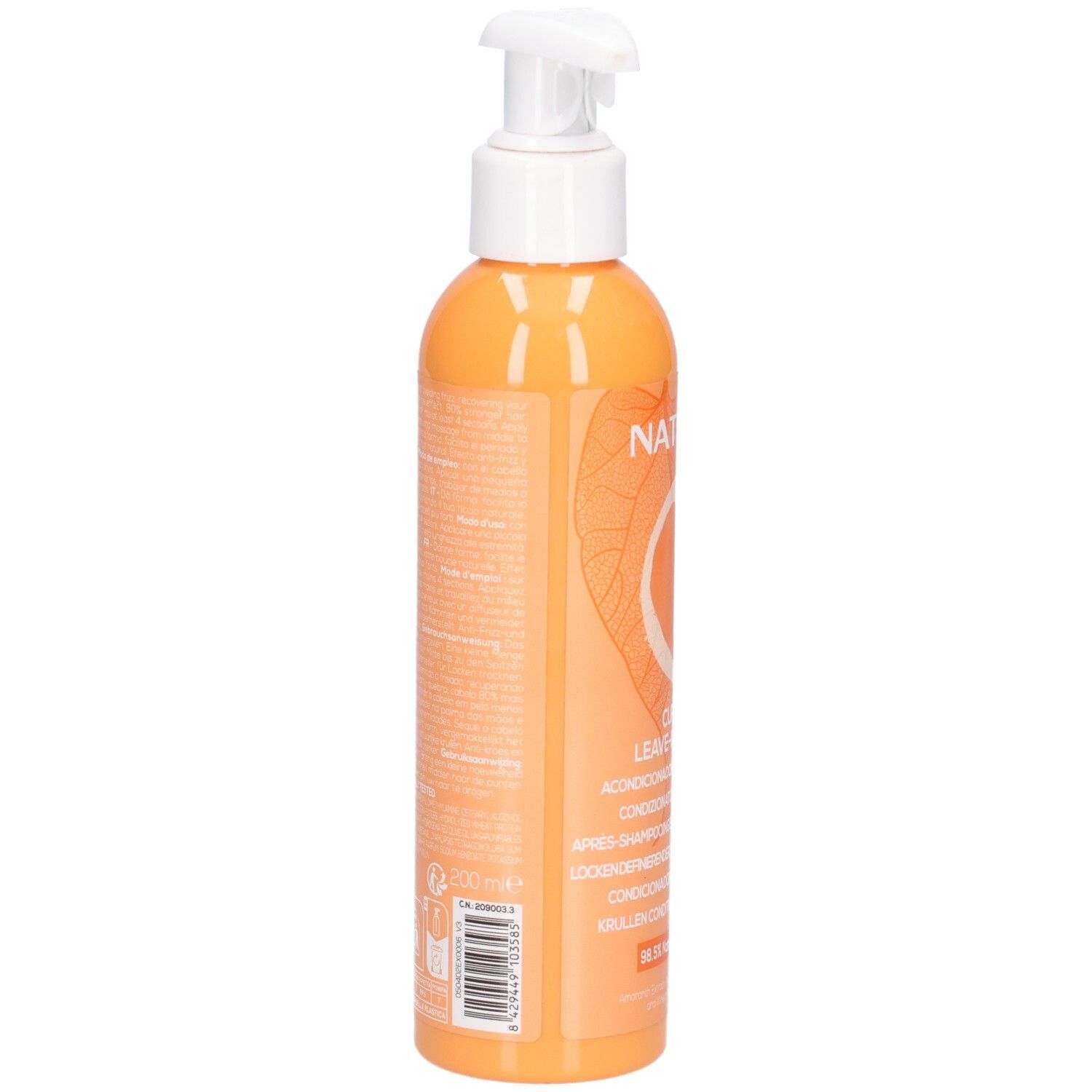 Rückseite einer orangefarbenen Flasche mit Pumpspender, Naturtint Curl Definer.