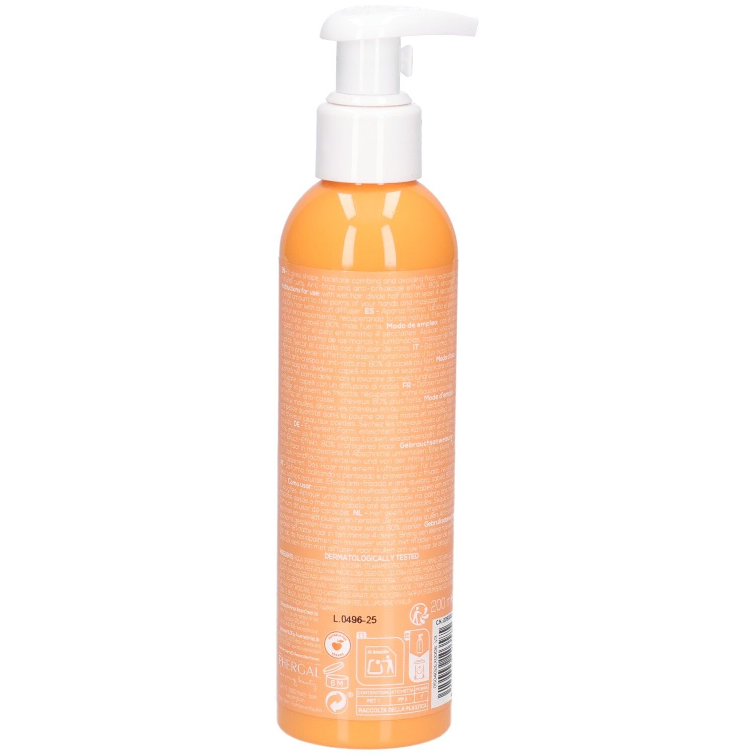 Rückseite einer orangefarbenen Flasche mit Pumpspender, Naturtint Curl Definer.