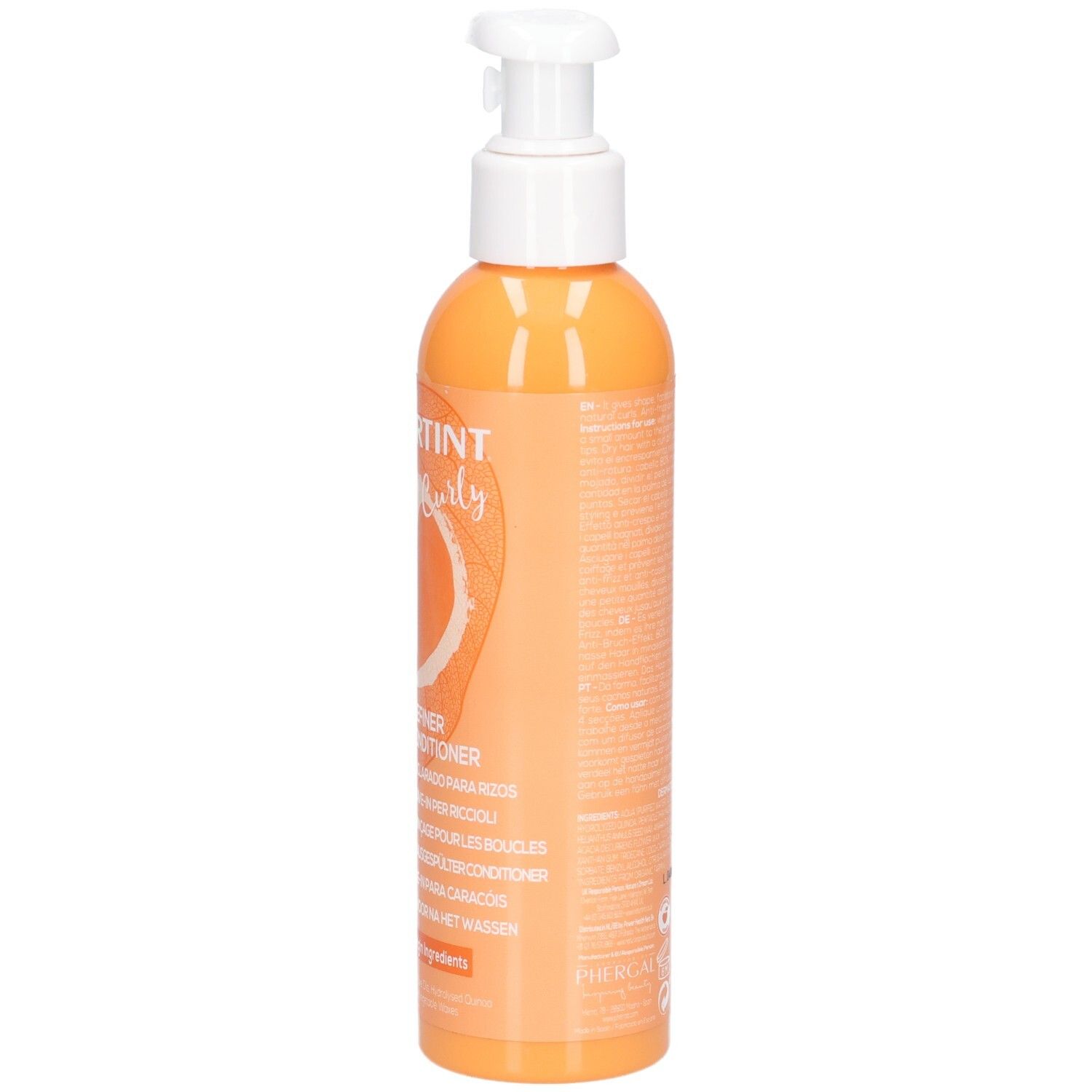 Rückseite einer orangefarbenen Flasche mit Pumpspender, Naturtint Curl Definer.