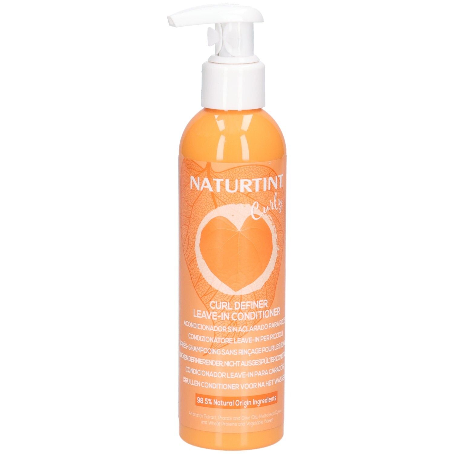 Orange Flasche mit Pumpspender, Naturtint Curl Definer Leave-In Conditioner.