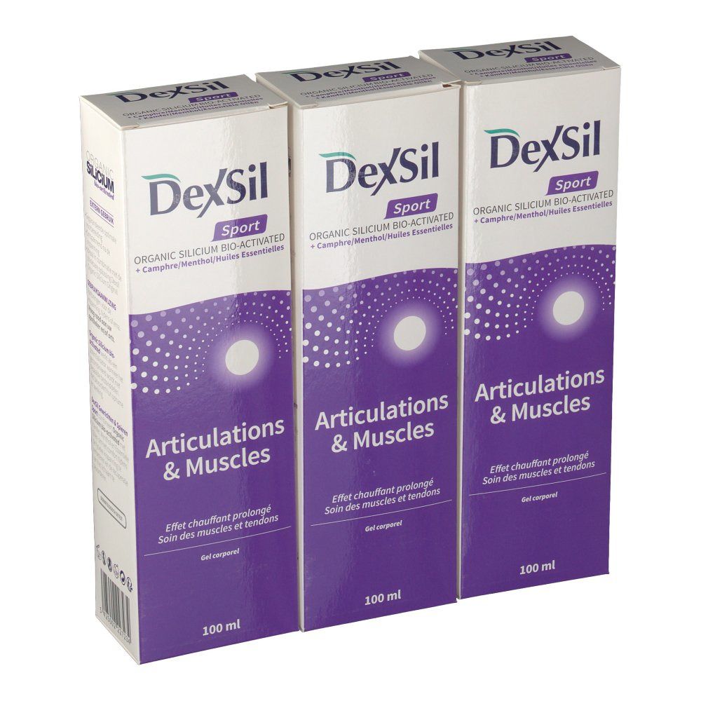 Trois boîtes Dexsil Sport. Emballage violet et blanc avec nom et texte du produit. 100 ml.