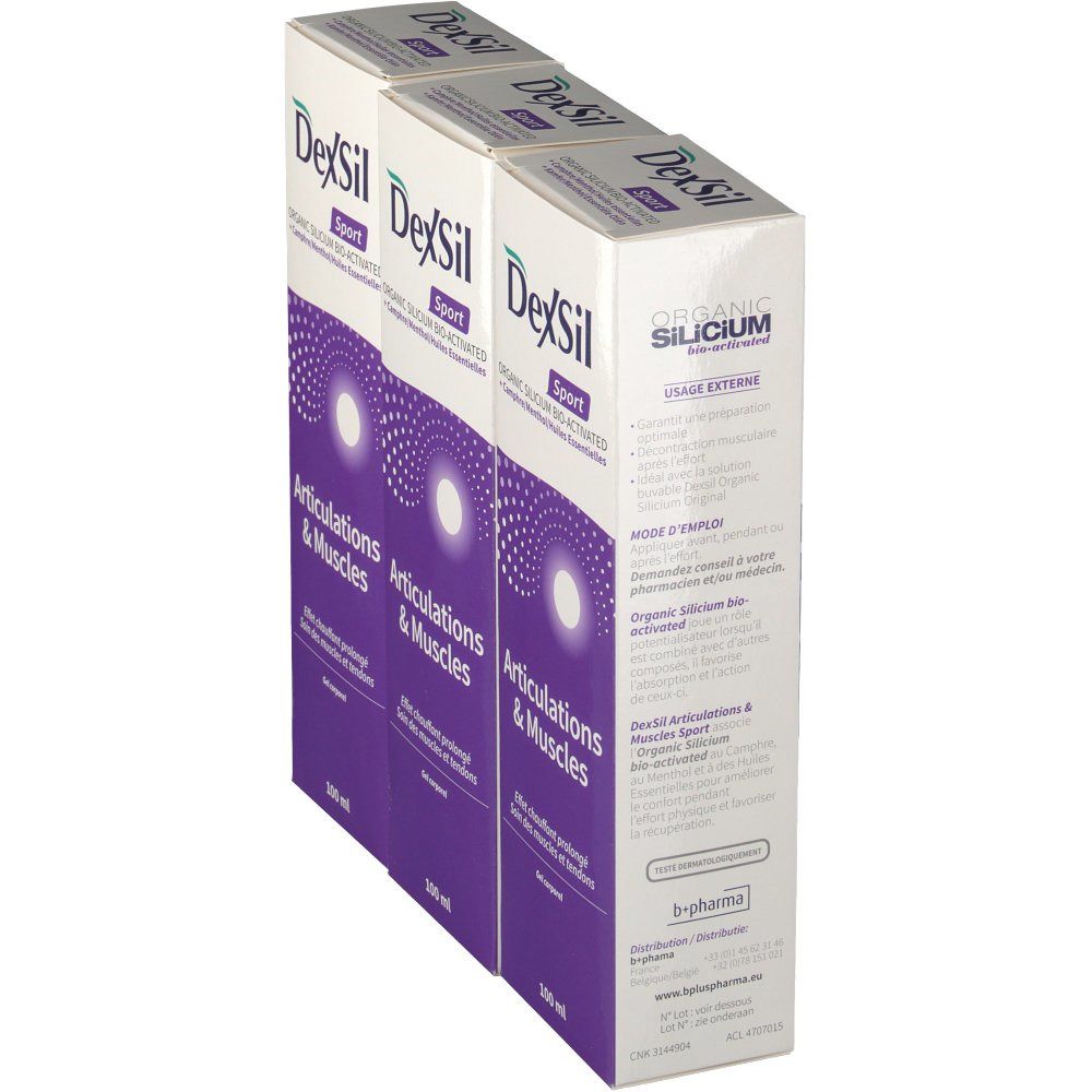 Trois boîtes Dexsil Sport, vue latérale. Emballage avec informations et texte sur le produit. 100 ml.