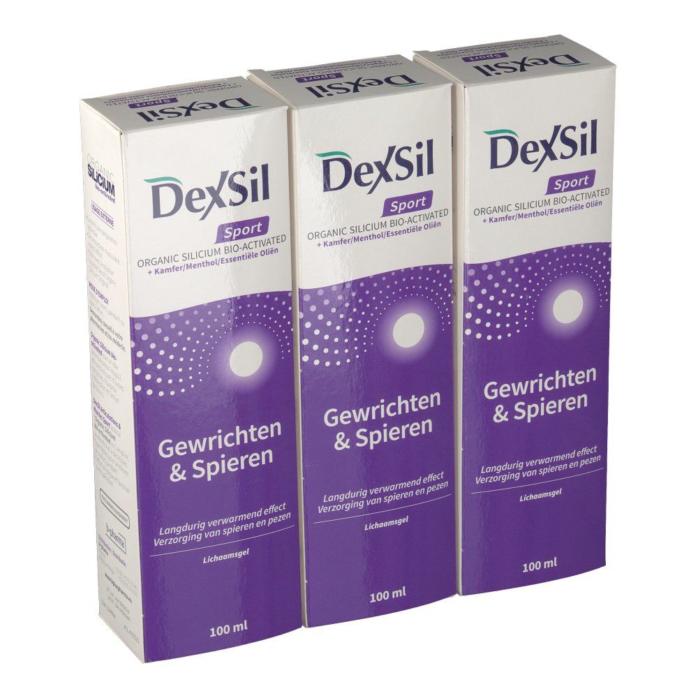 Trois boîtes Dexsil Sport. Emballage violet et blanc avec nom et texte du produit. 100 ml.