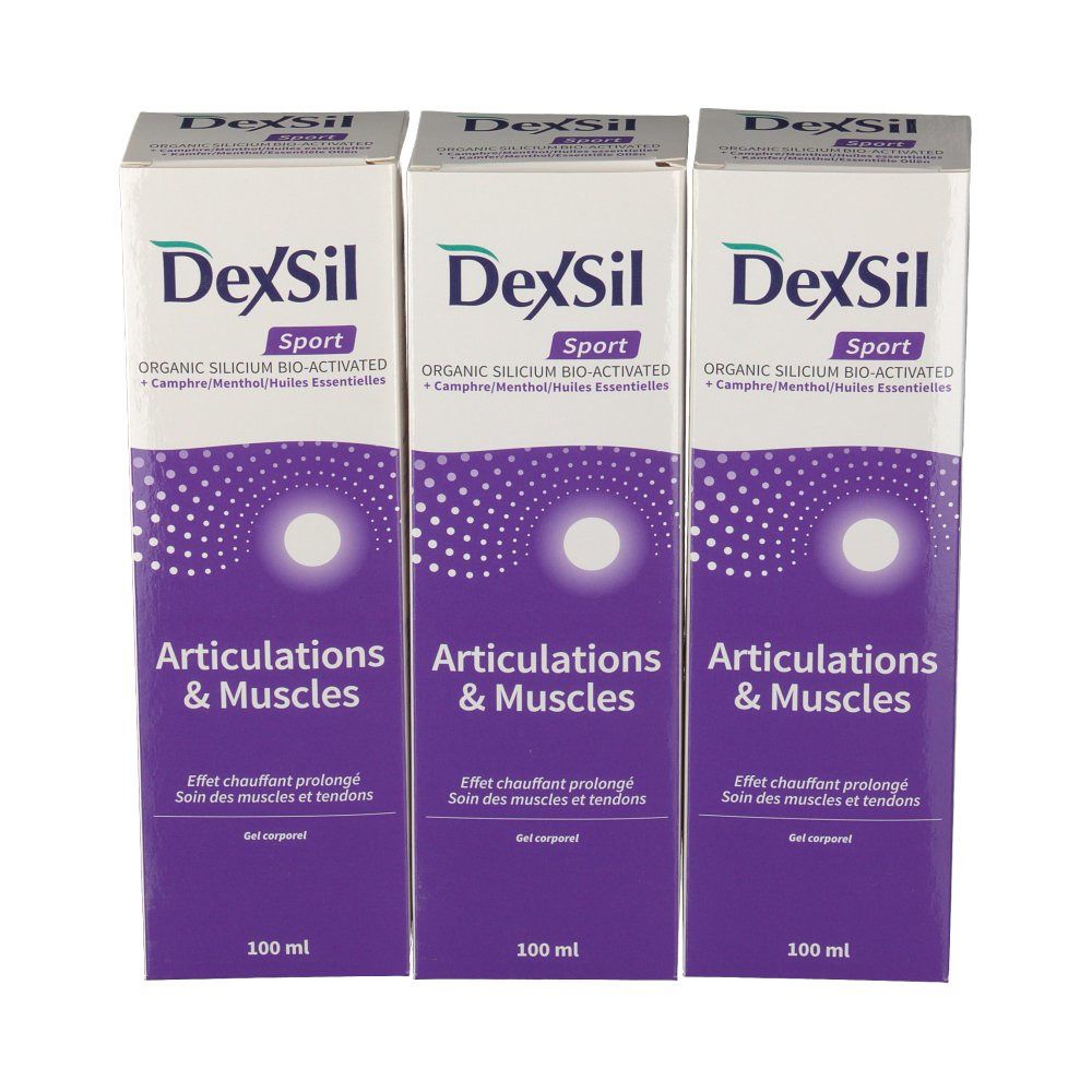 Trois boîtes Dexsil Sport. Emballage violet et blanc avec nom et texte du produit. 100 ml.