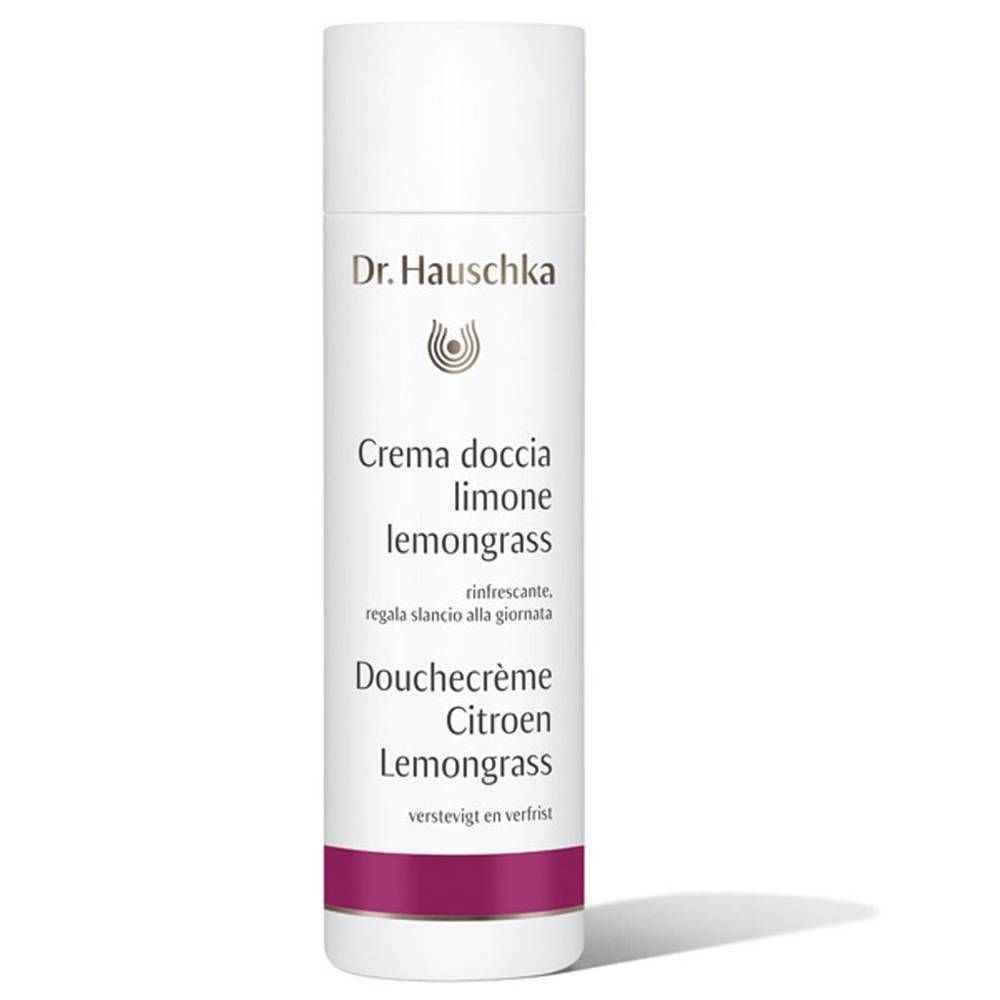 Weiß-violette Flasche. Schriftzug: Dr. Hauschka, Crème de Douche Citron Lemongrass. Italienisch, Niederländisch und Französisch.