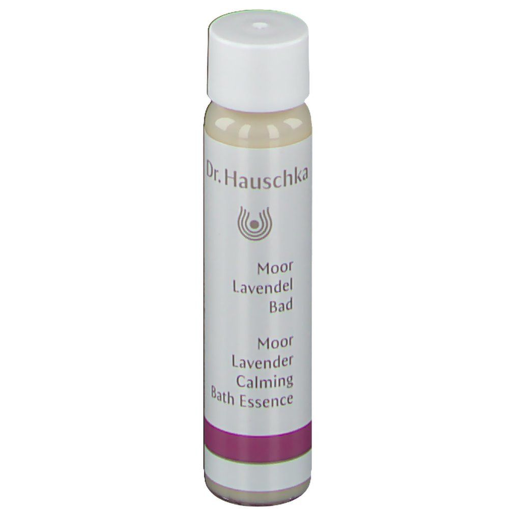 Kleine, zylindrische Flasche mit weißem Deckel. Beschriftung: Dr. Hauschka, Moor Lavendel Bad, Moor Lavender Calming Bath Essence.