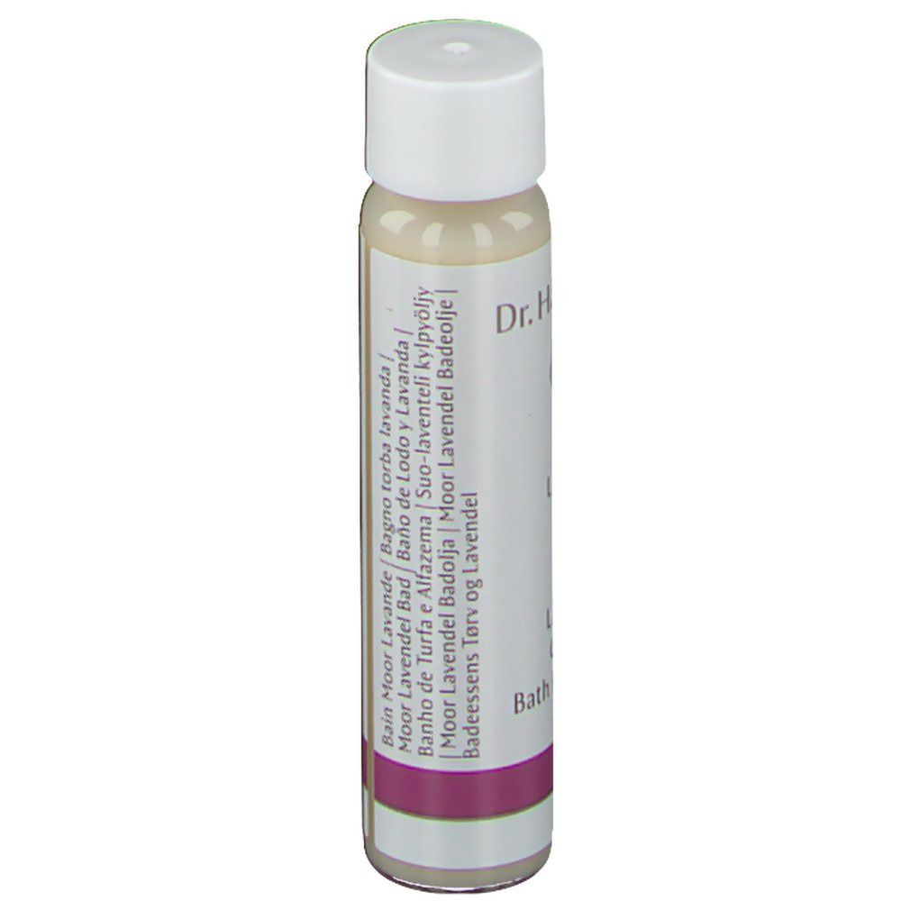 Kleine, zylindrische Flasche. Beschriftung: Dr. Hauschka, Moor Lavendel Bad, Moor Lavender Calming Bath Essence. Text in mehreren Sprachen.