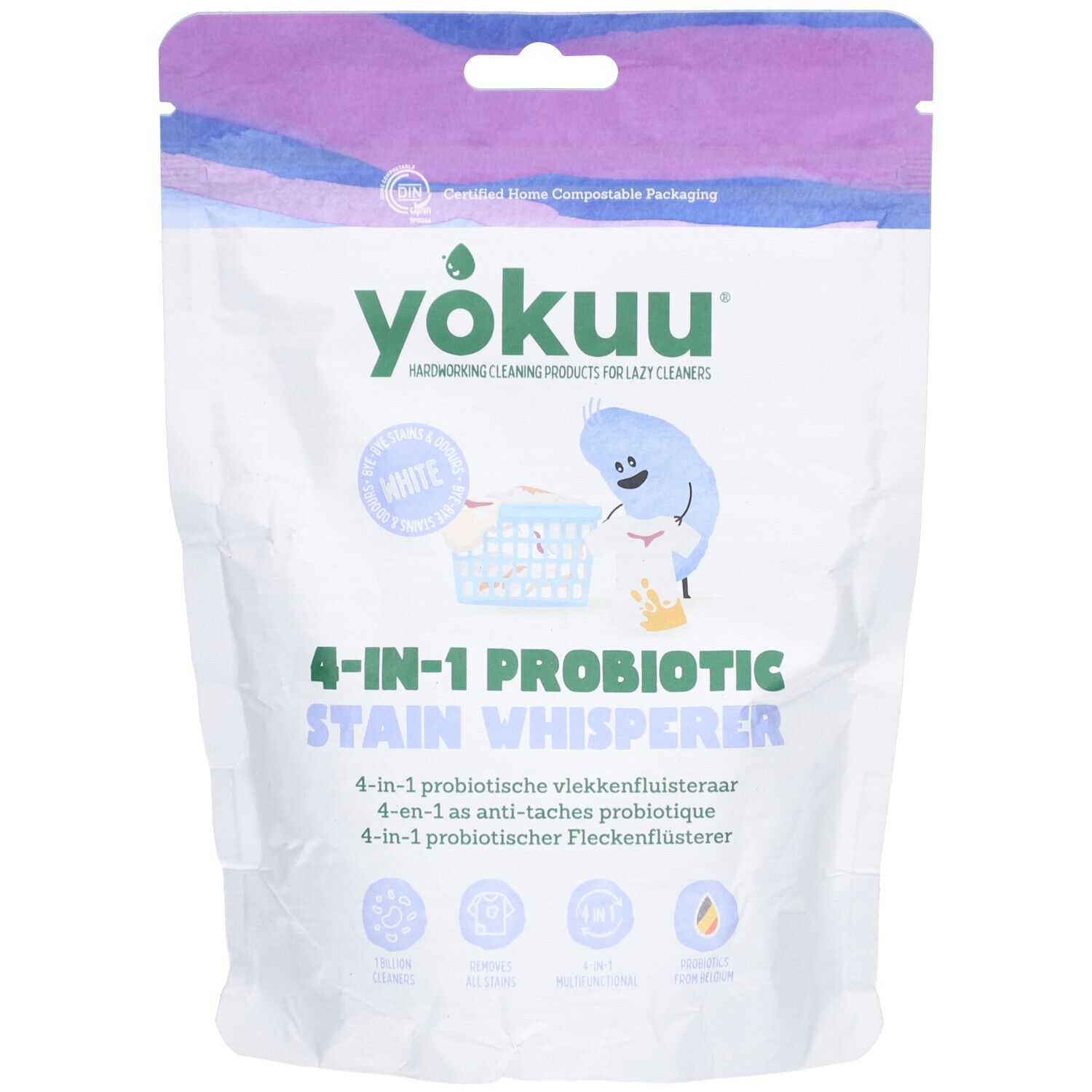 Weißes YOKUU-Produktbeutel mit Aufdruck. Enthält Text: 4-IN-1 PROBIOTIC STAIN WHISPERER. Abbildung mit Cartoon-Figur und Wäschekorb.
