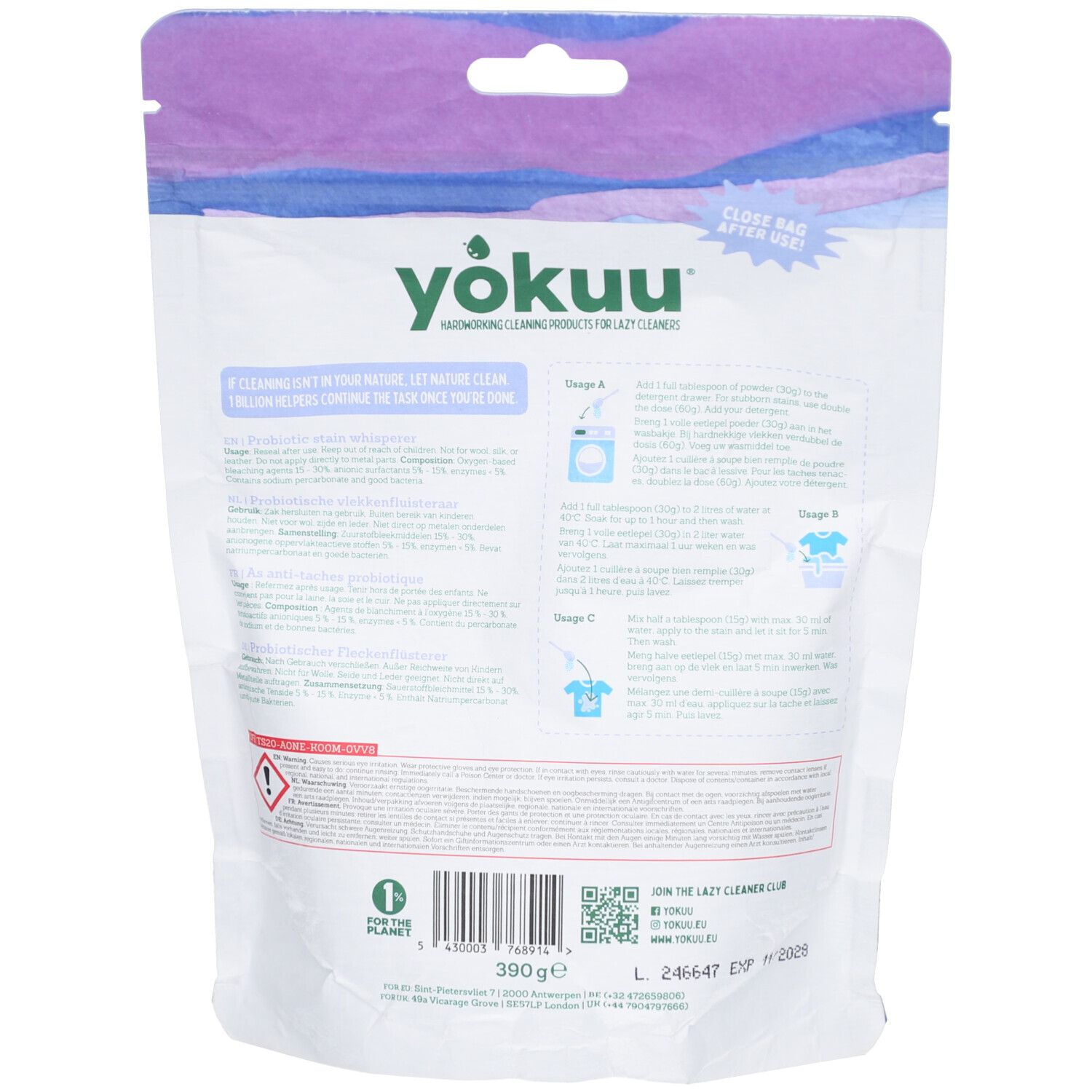 Rückseite des YOKUU-Beutels. Enthält Text und Illustrationen. Zeigt Informationen zur Anwendung und Warnhinweise.