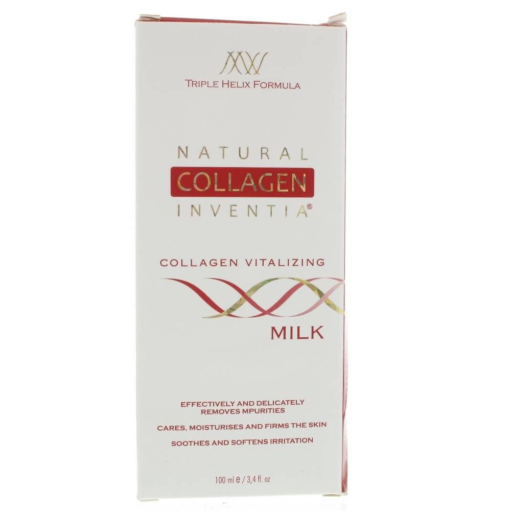 Weißer Karton mit Produktinformationen. Aufschrift: Natural Collagen Inventia, Collagen Vitalizing Milk. Enthält Text über die Wirkung.
