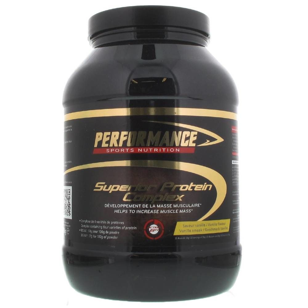 Schwarze Dose mit goldfarbener Aufschrift. Aufschrift: PERFORMANCE, Superior Protein Complex. Hilft, Muskelmasse zu erhöhen.