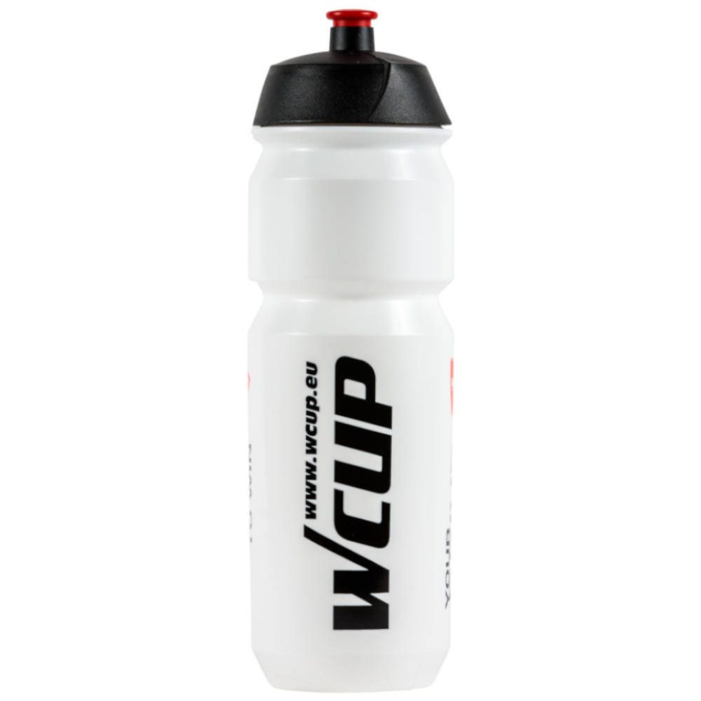 Weiße Trinkflasche mit schwarzem Deckel und rotem Verschluss. Aufschrift: wcup.eu, wcup.