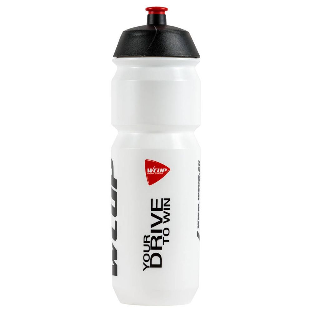 Weiße Trinkflasche mit schwarzem Deckel. Aufschrift: wcup.eu, wcup, YOUR DRIVE TO WIN.