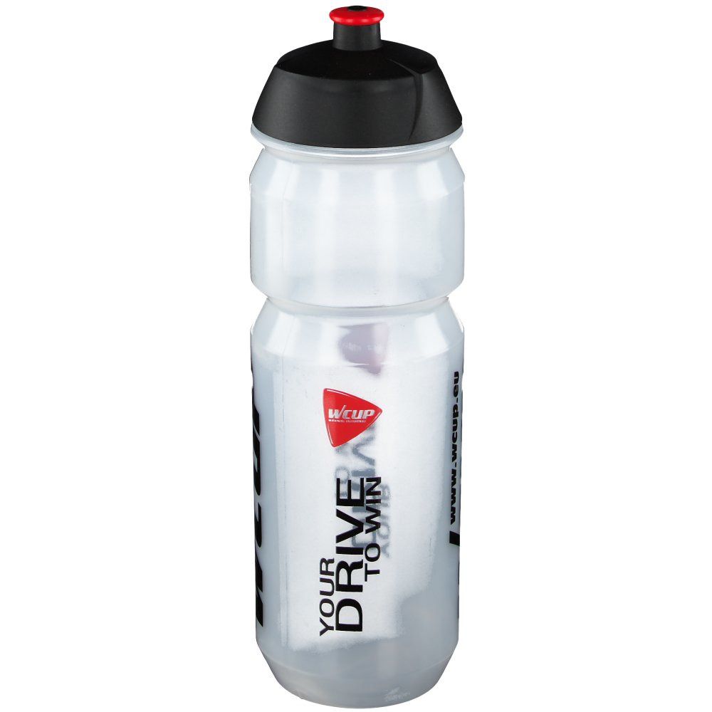 Transparente Trinkflasche mit schwarzem Deckel. Aufschrift: wcup.eu, wcup, YOUR DRIVE TO WIN.