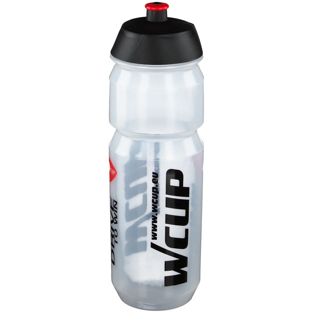 Transparente Trinkflasche mit schwarzem Deckel. Aufschrift: wcup.eu, wcup, YOUR DRIVE TO WIN.