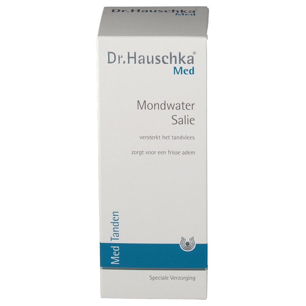 Emballage en carton avec nom et marque du produit. Accents bleus. Texte: 'Mondwater Salie'.