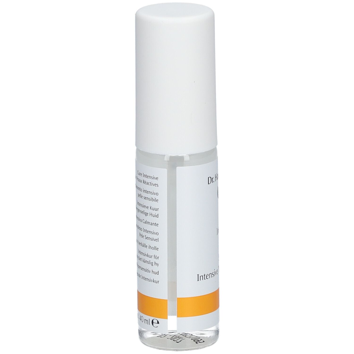 Klarer Behälter mit weißem Deckel. Etikett mit Text und orangefarbenem Streifen. Produktname nicht sichtbar.