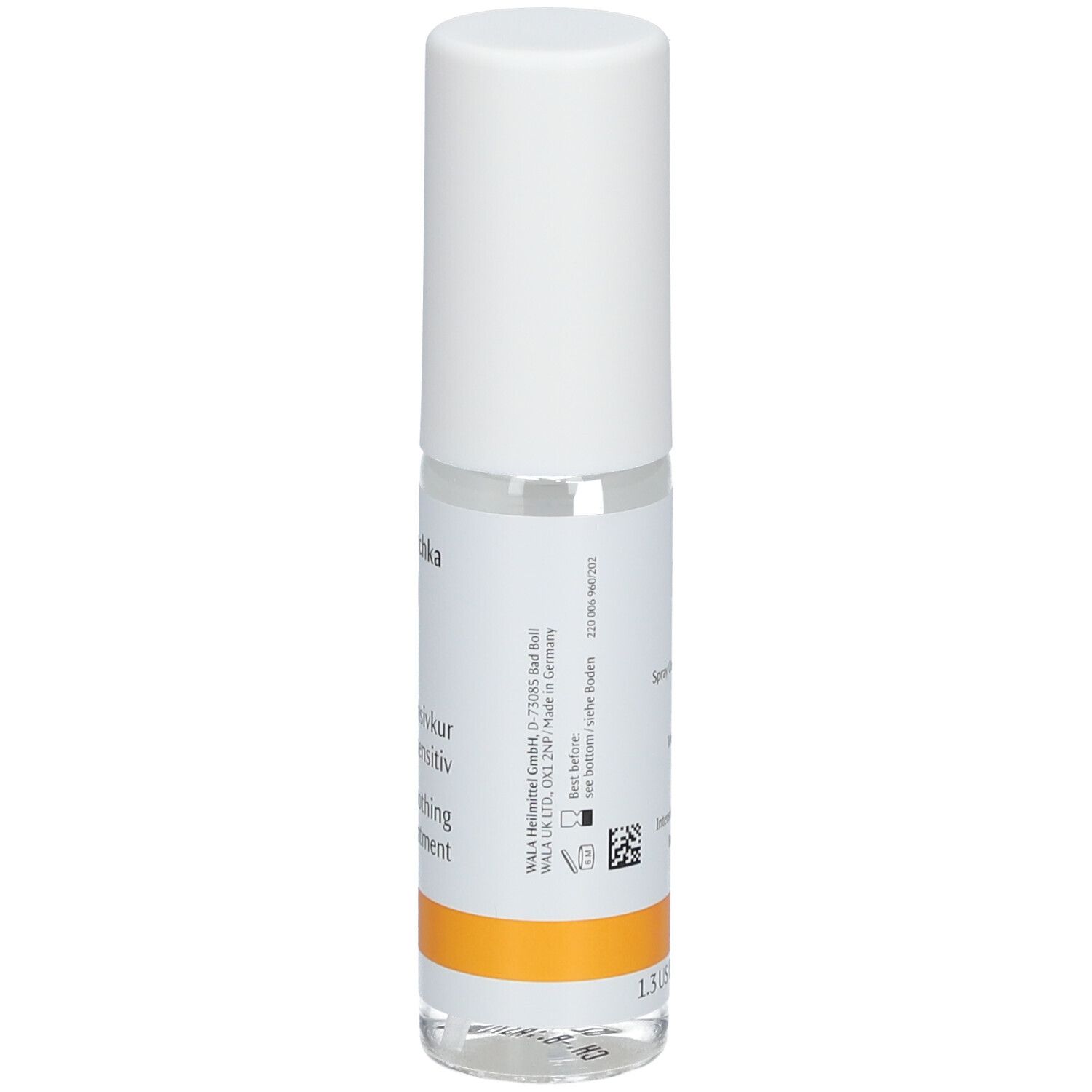 Transparente Flasche mit weißem Deckel. Etikett mit Text und orangefarbenem Streifen. Herstellerinformationen.