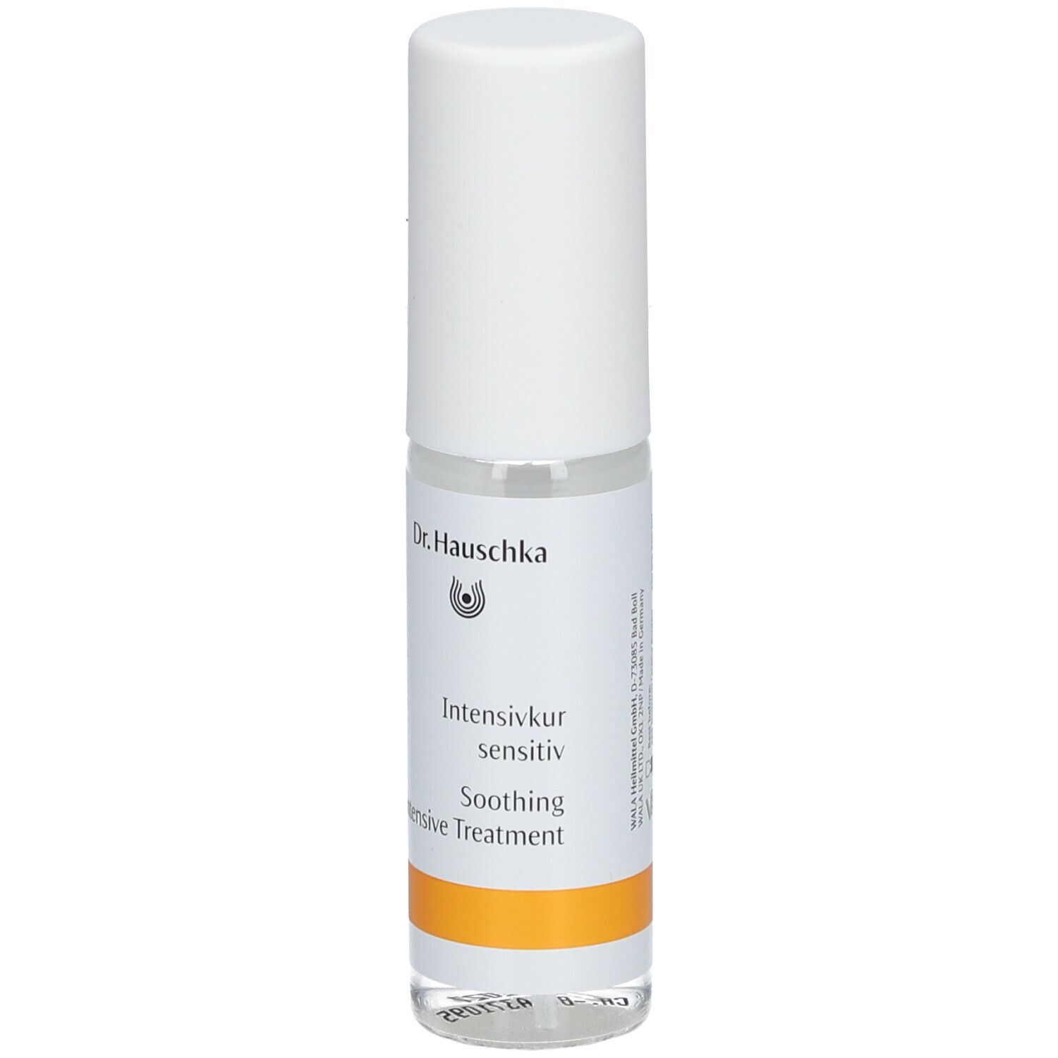 Transparente Flasche mit weißem Deckel. Etikett mit Produktnamen und Logo. Orangefarbener Streifen.