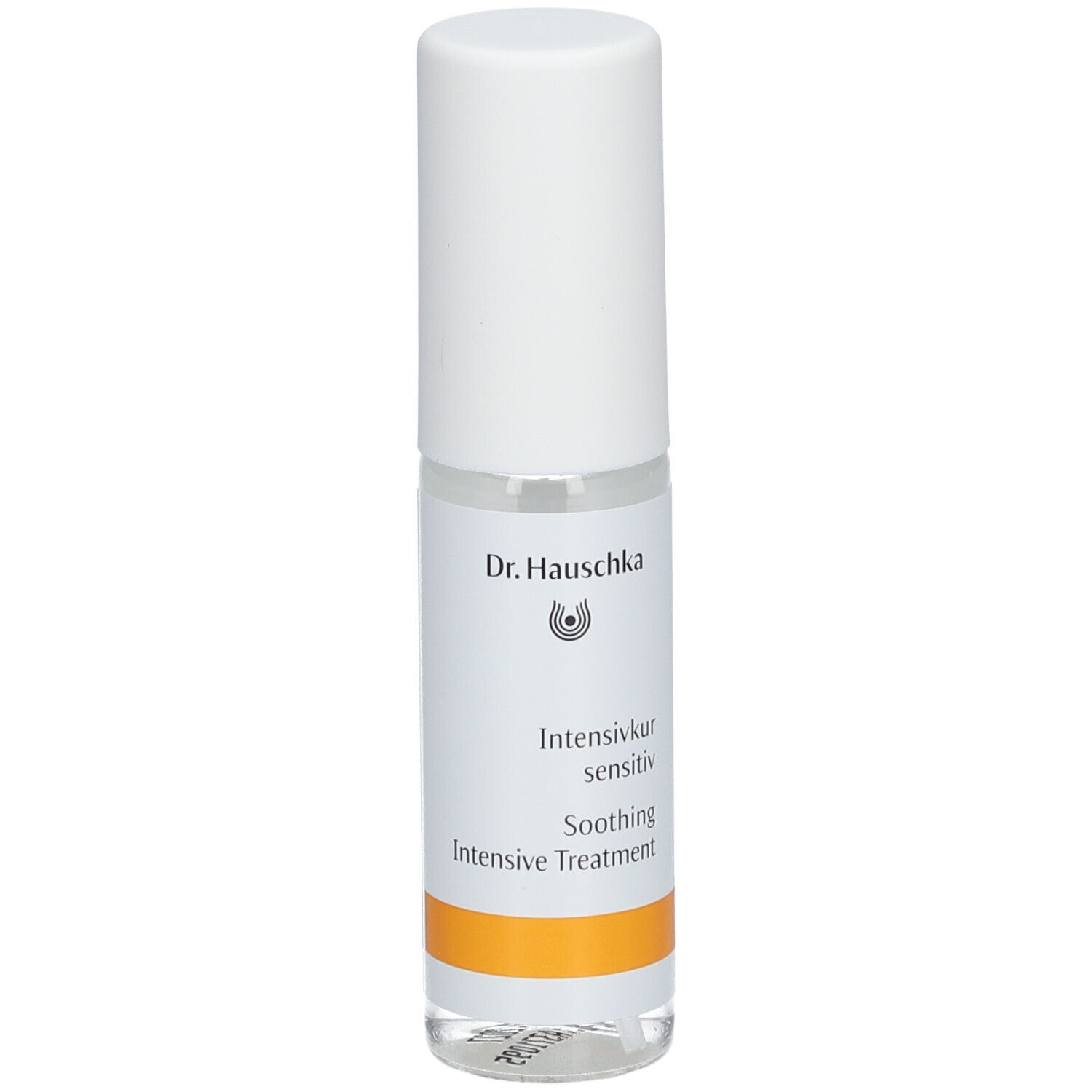 Transparente Flasche mit weißem Deckel. Etikett mit Produktnamen und Logo. Orangefarbener Streifen.