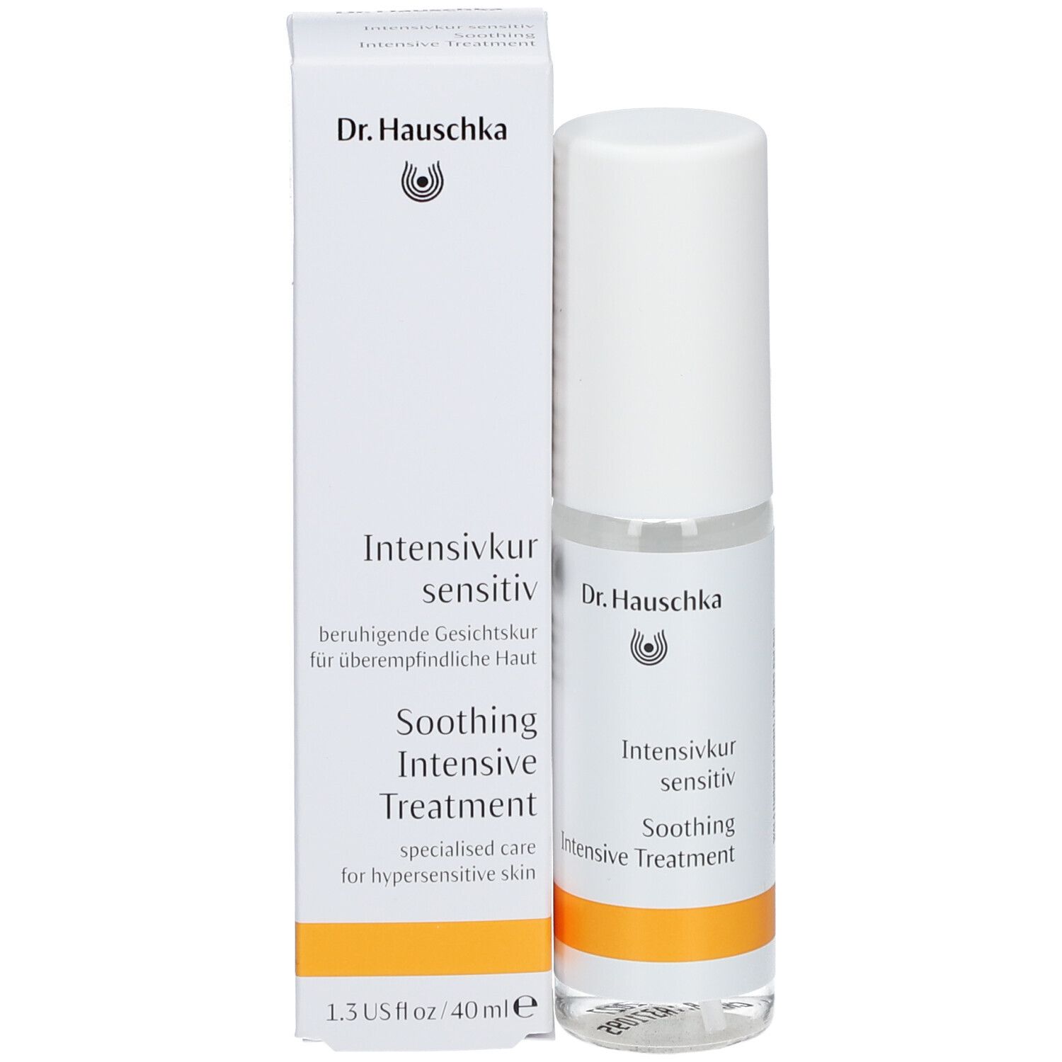 Produktflasche und Verpackung. Flasche mit weißem Deckel und Etikett. Verpackung mit Text und Logo.