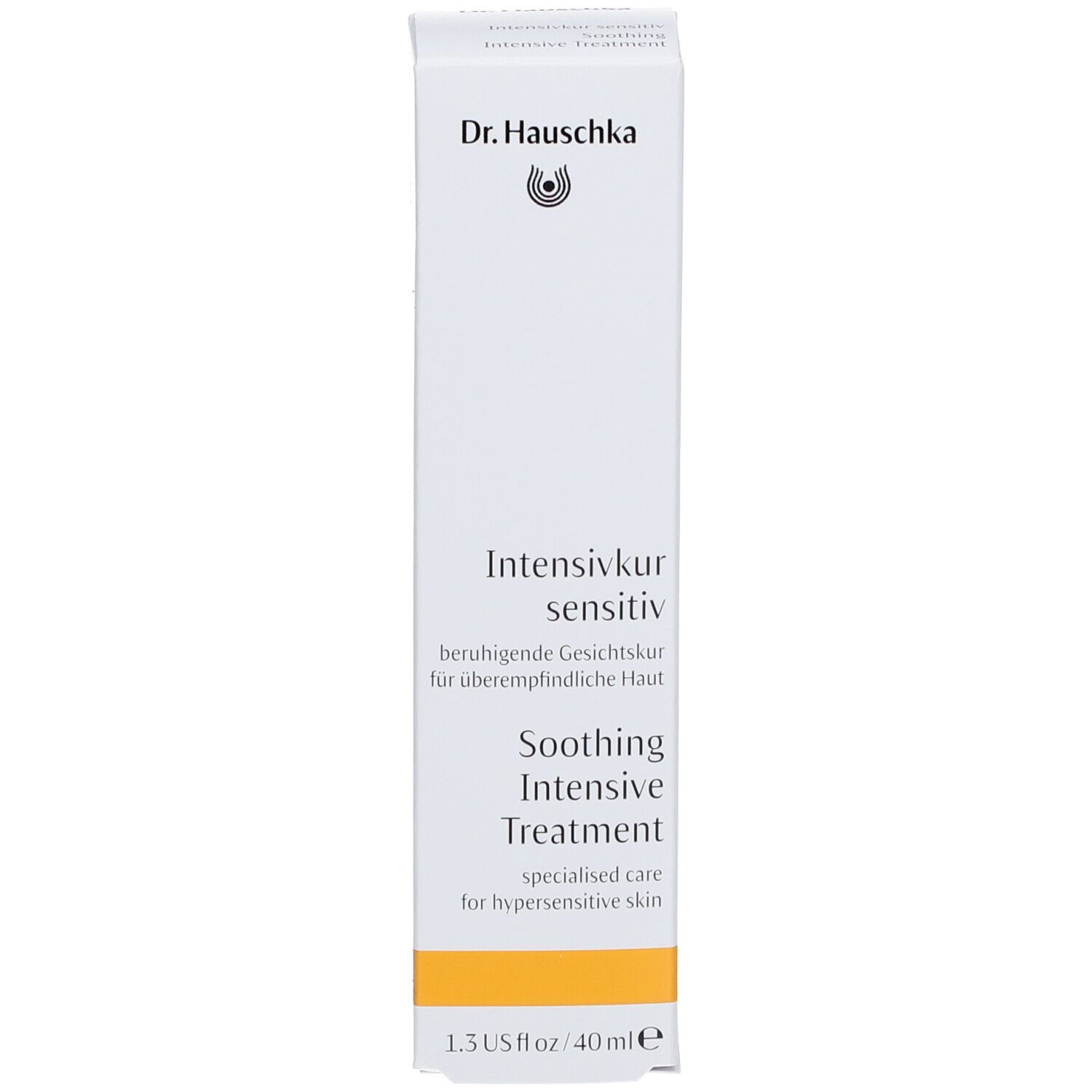 Weiße Verpackung mit Produktnamen und Logo. Orangefarbener Streifen am unteren Rand. Text.