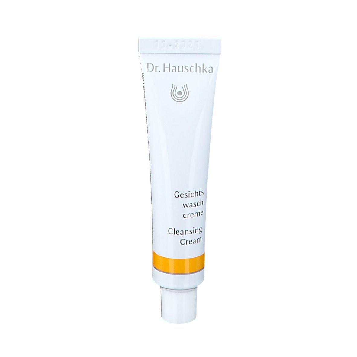 Tube blanche avec bande jaune. Inscription: Dr. Hauschka, Gesichts Waschcreme, Cleansing Cream.