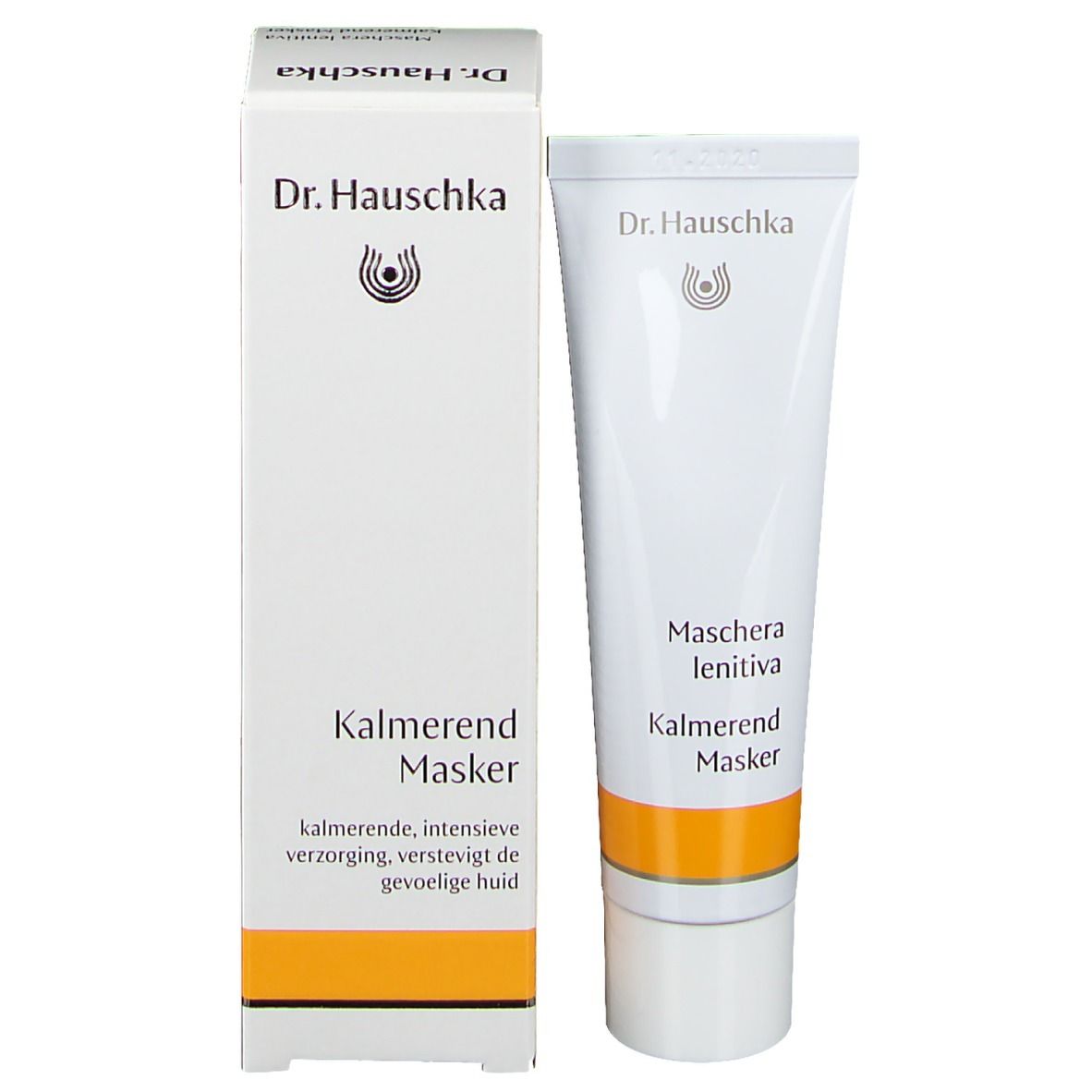 Emballage du produit avec tube. Boîte et tube blancs. Inscription: Dr. Hauschka, Kalmerend Masker.