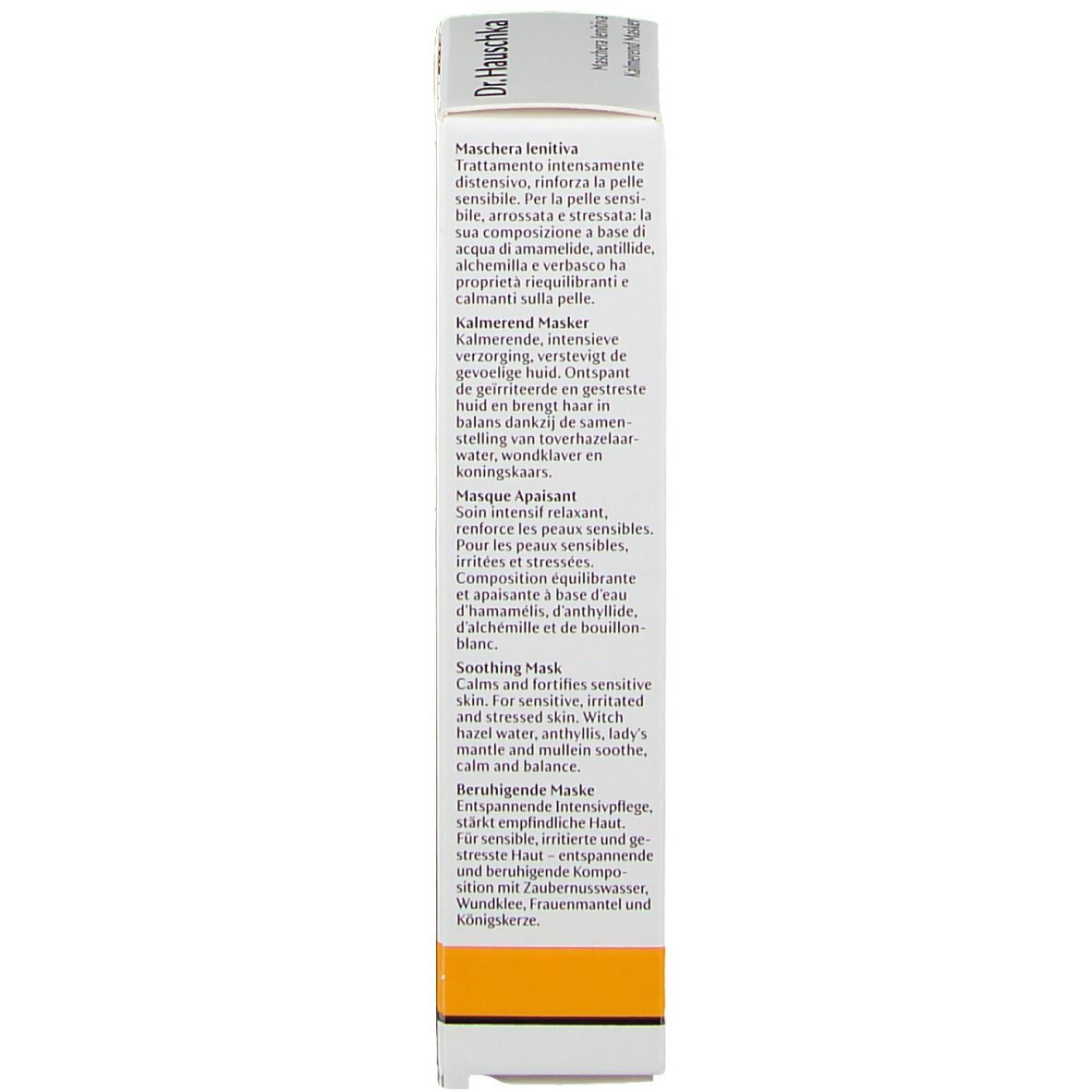 Dr. Hauschka beruhigende Maske Verpackung mit mehrsprachiger Produktbeschreibung.