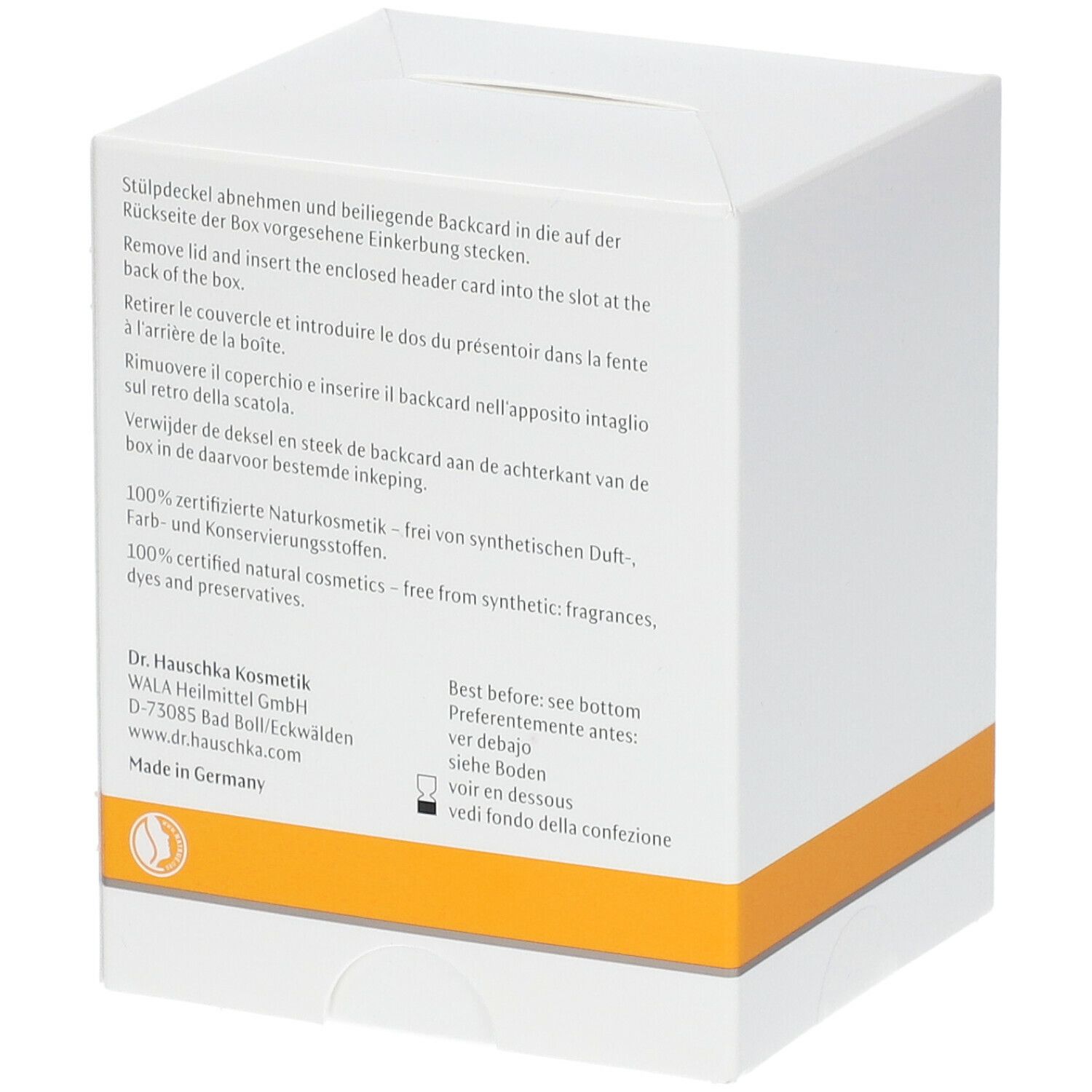 Rückseite der weißen Kartonverpackung. Text in mehreren Sprachen. Aufschrift: 100% zertifizierte Naturkosmetik.
