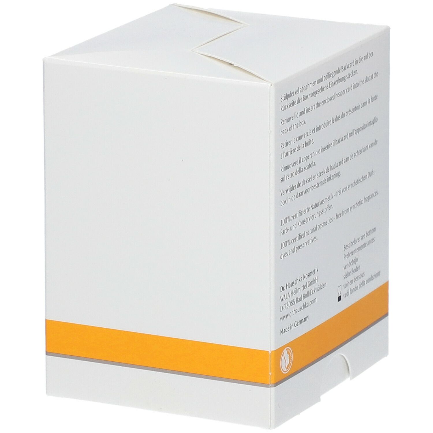 Rückseite der weißen Kartonverpackung. Text in mehreren Sprachen. Aufschrift: 100% zertifizierte Naturkosmetik.