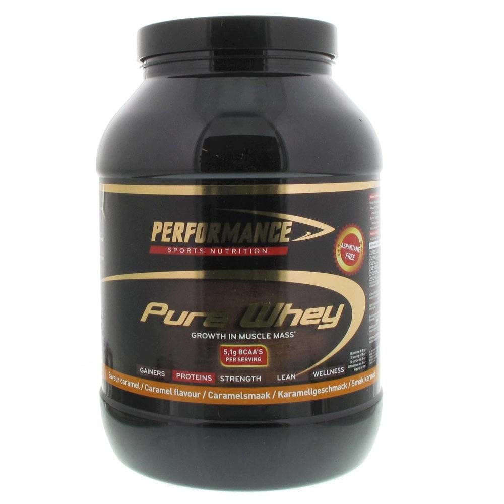 Schwarze Dose mit "Performance Pure Whey". Goldfarbene Schrift. Enthält 5,1g BCAAs. Geschmacksrichtungen: Caramel, Karamellgeschmack.