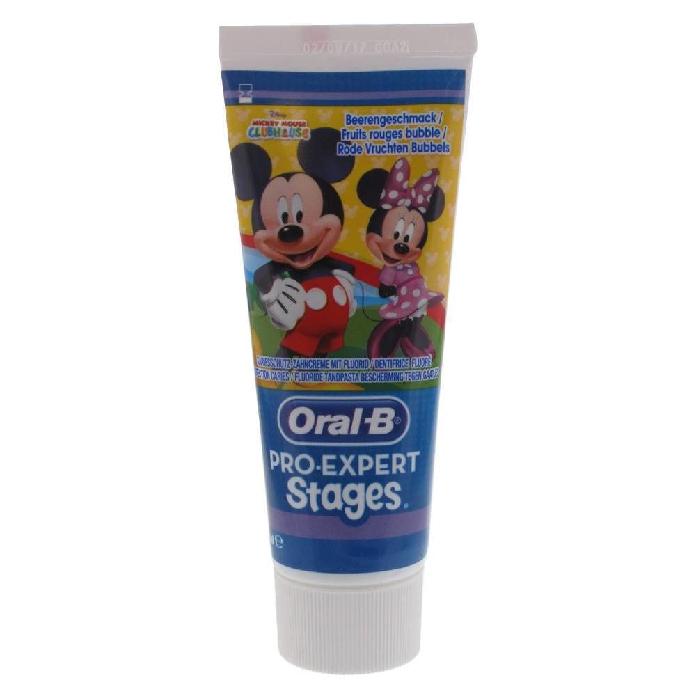 Zahnpasta-Tube mit Mickey und Minnie. Marke Oral-B Pro-Expert Stages. Mit Beerengeschmack.