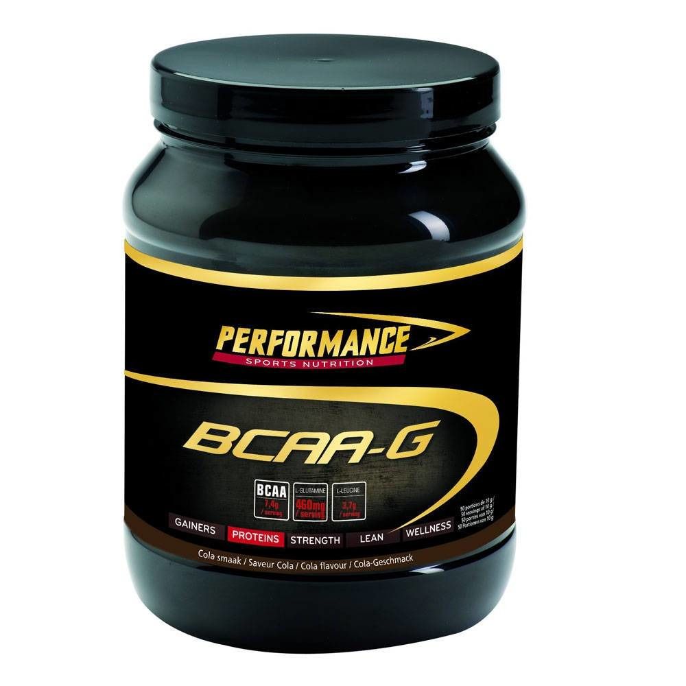Schwarze Dose mit goldfarbenem Etikett. Aufschrift: Performance BCAA-G. Cola-Geschmack.
