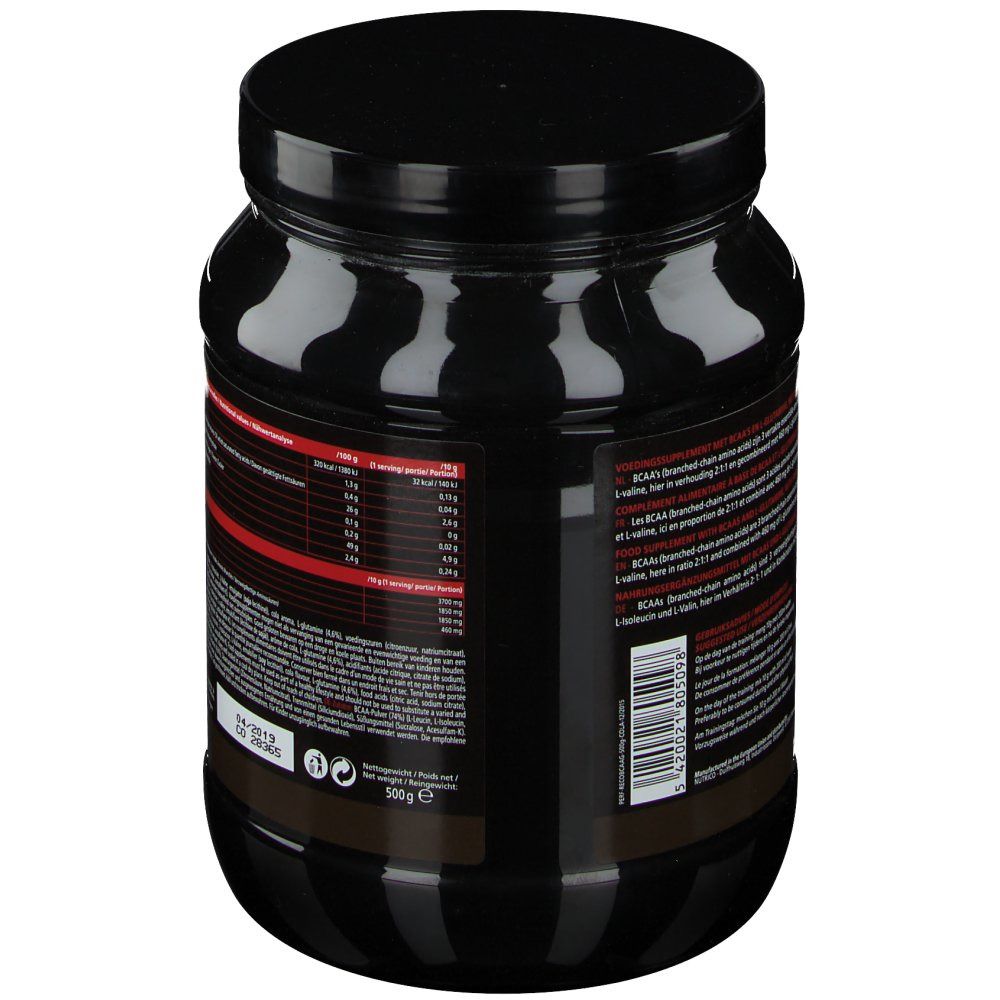 Schwarze Dose, Rückseite. Etikett mit Nährwertangaben und Text. Cola-Geschmack.