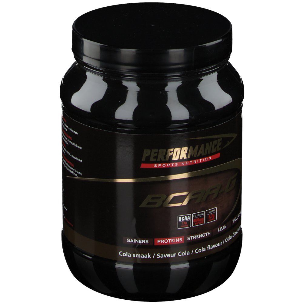 Schwarze Dose mit goldfarbenem Etikett. Aufschrift: Performance BCAA-G. Cola-Geschmack.