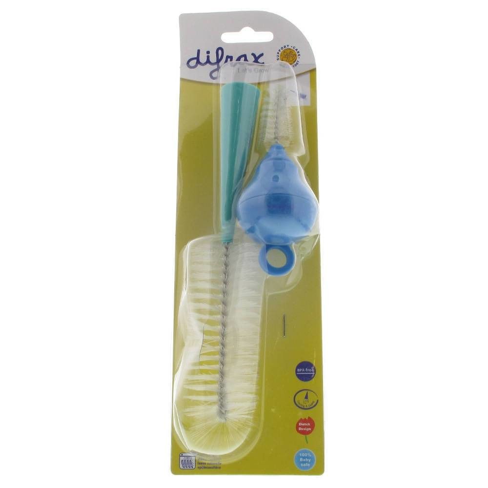 Brosse à biberon bleu-turquoise avec nettoyeur de tétine bleu. Emballage transparent avec logo du produit.